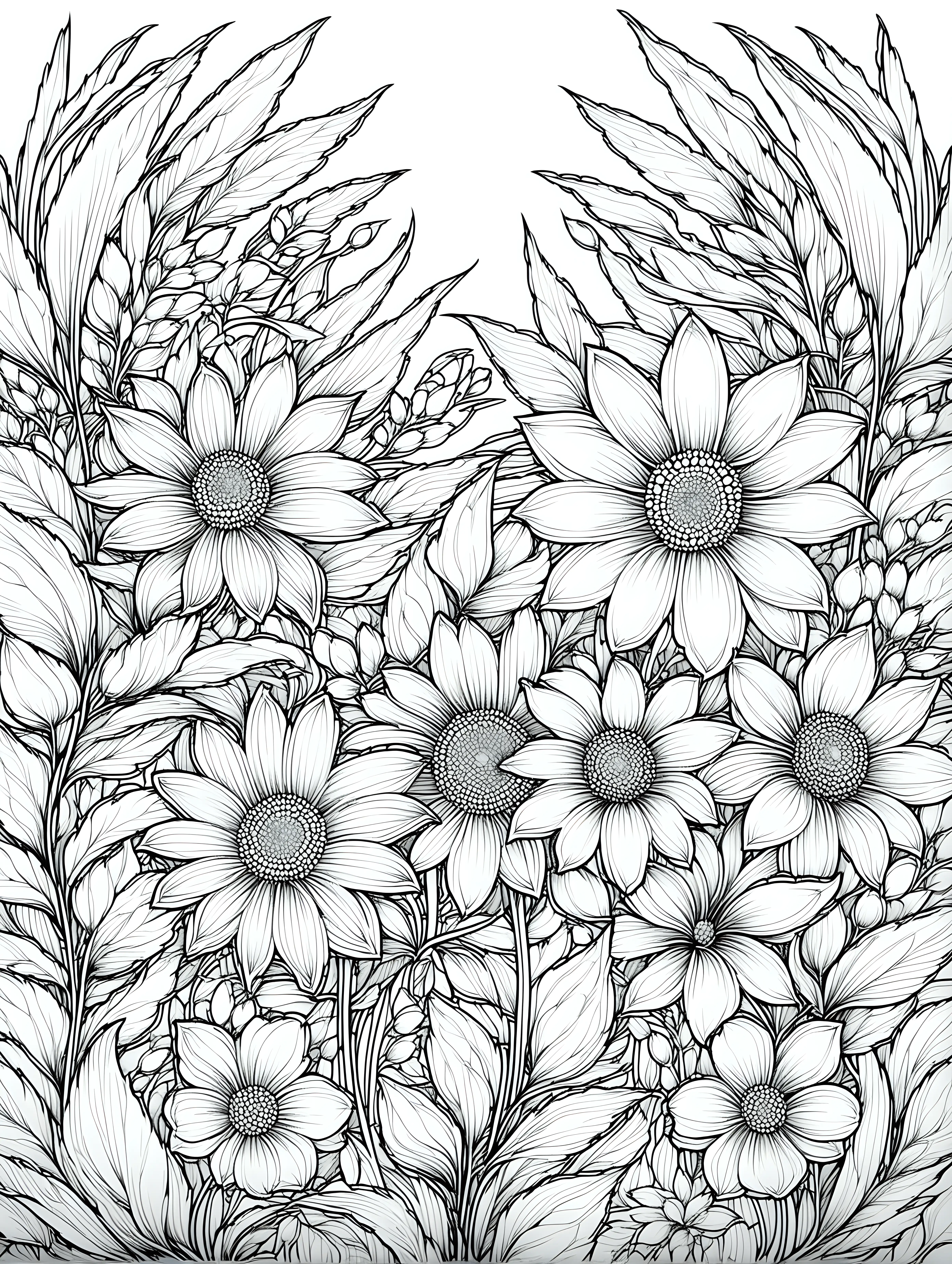 Beautiful black and white fantasy flowers composition for coloring page, thin lines, minimum details, no greys