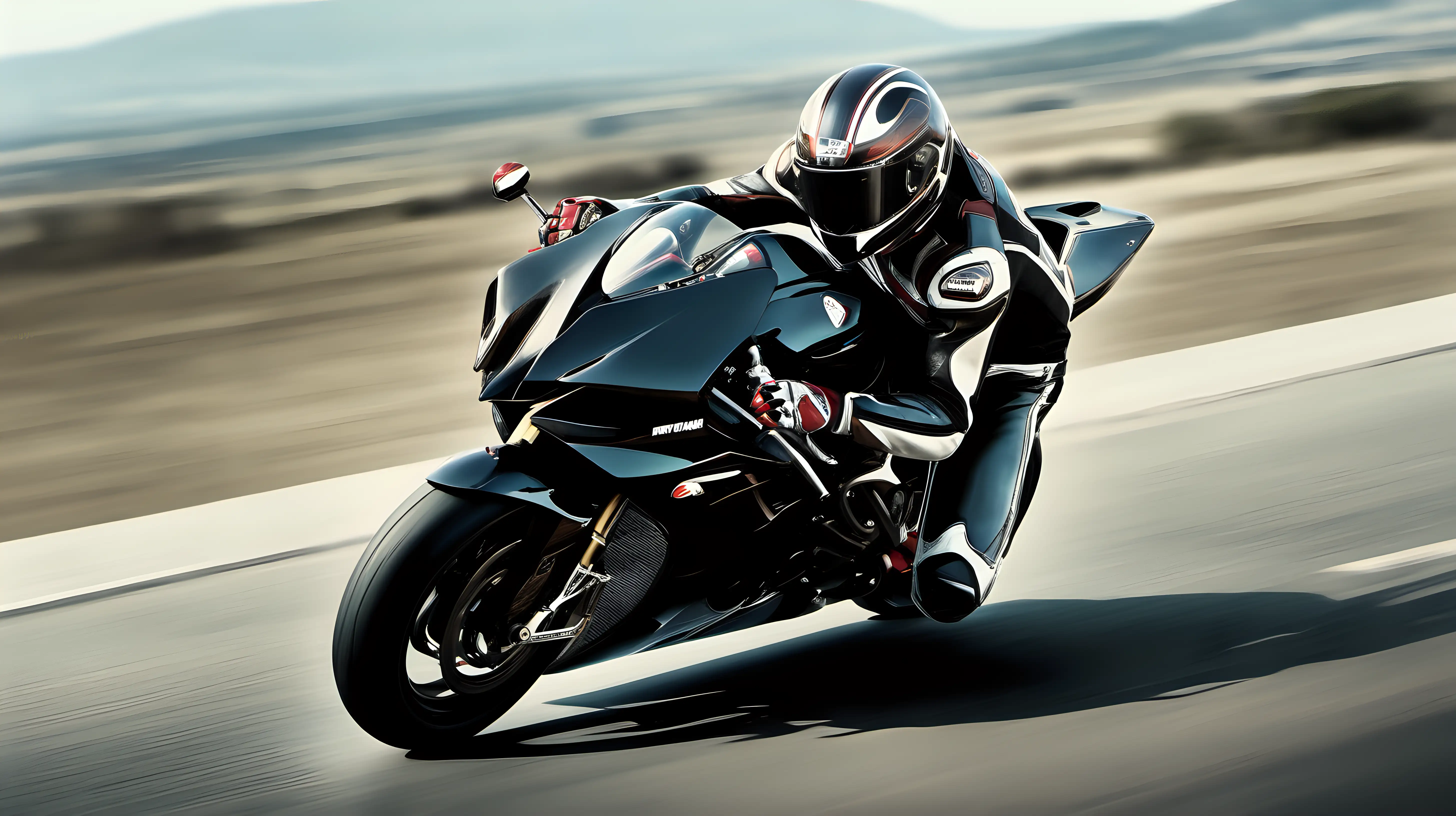 A high-octane image capturing a power bike and rider tearing down an open highway, the rider's sleek racing suit and helmet gleaming under the sun against a backdrop of expansive landscapes.