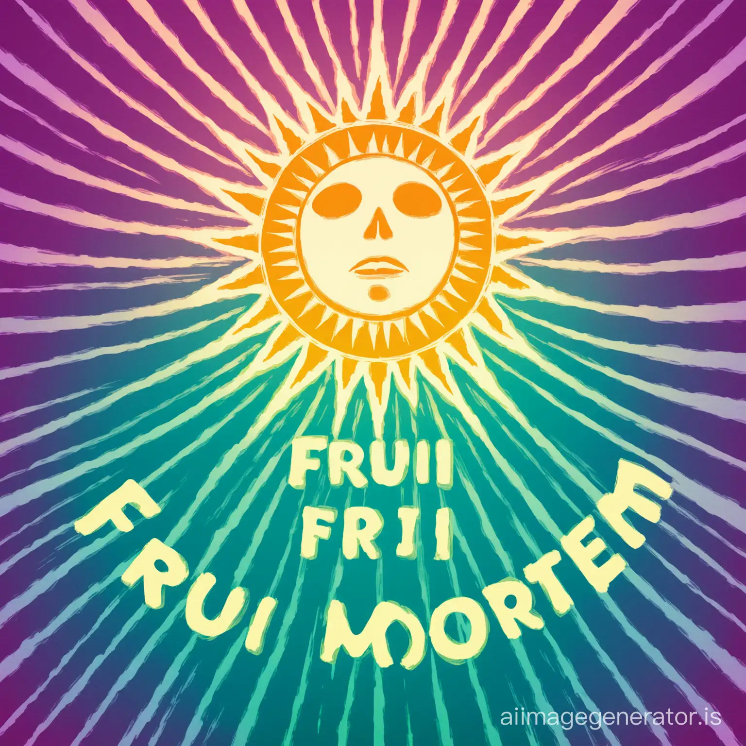 latin inspired sun, cool tones, text saying frui mortem