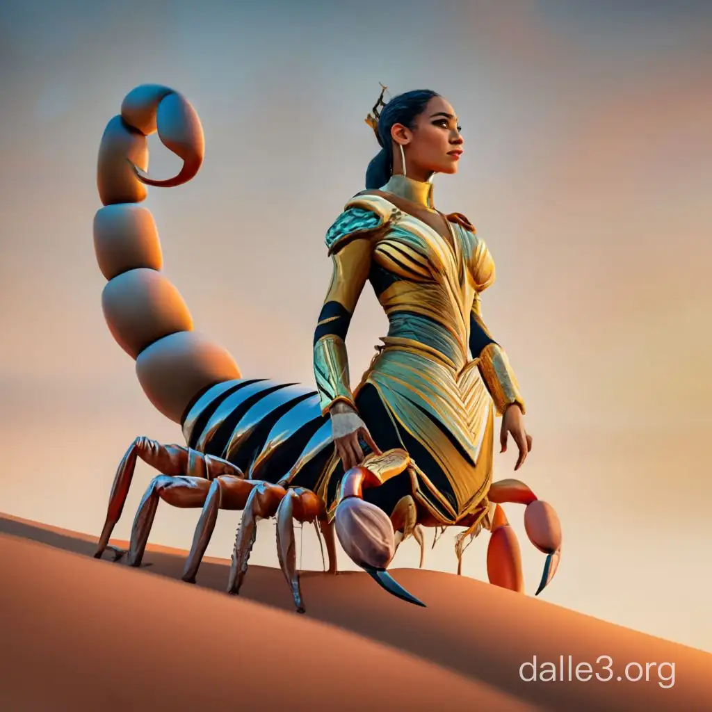 Illustrate the Scorpion Queen standing proudly atop a towering sand dune, her gaze watchful yet compassionate as she protects her kingdom and its inhabitants from harm. Hyper realism fused with 3d art