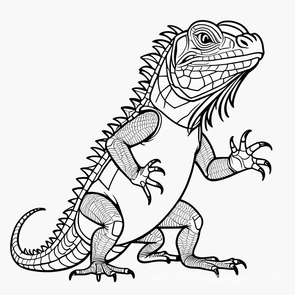Iguana wearing jersey, Coloring Page, black and white, line art, white background, Simplicity, Ample White Space. The background of the coloring page is plain white to make it easy for young children to color within the lines. The outlines of all the subjects are easy to distinguish, making it simple for kids to color without too much difficulty