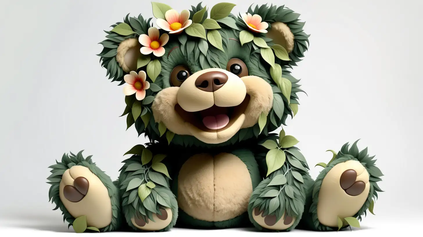 Smiling Dark Green Teddy Bear Covered in Jungle Vines and Flowers