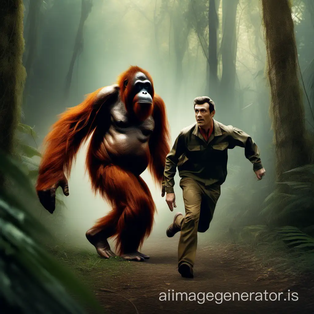 Create the image of a man, 30 years old, he runs through the forest in hunting clothes, a man catches up with a huge evil orangutan, photorealism