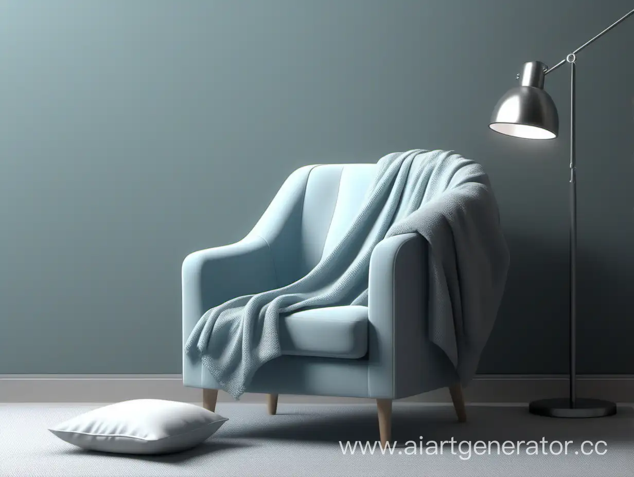уютная обстановка, мягкое синее кресло, плед, серый фон, реалистичная анимация
