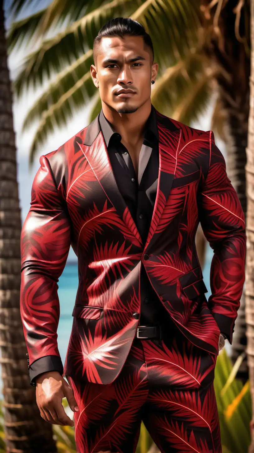 A muscular handsome Polynesian male model with long hair that is up in a bun standing near palm trees wearing a black and red Polynesian tropical design suit.