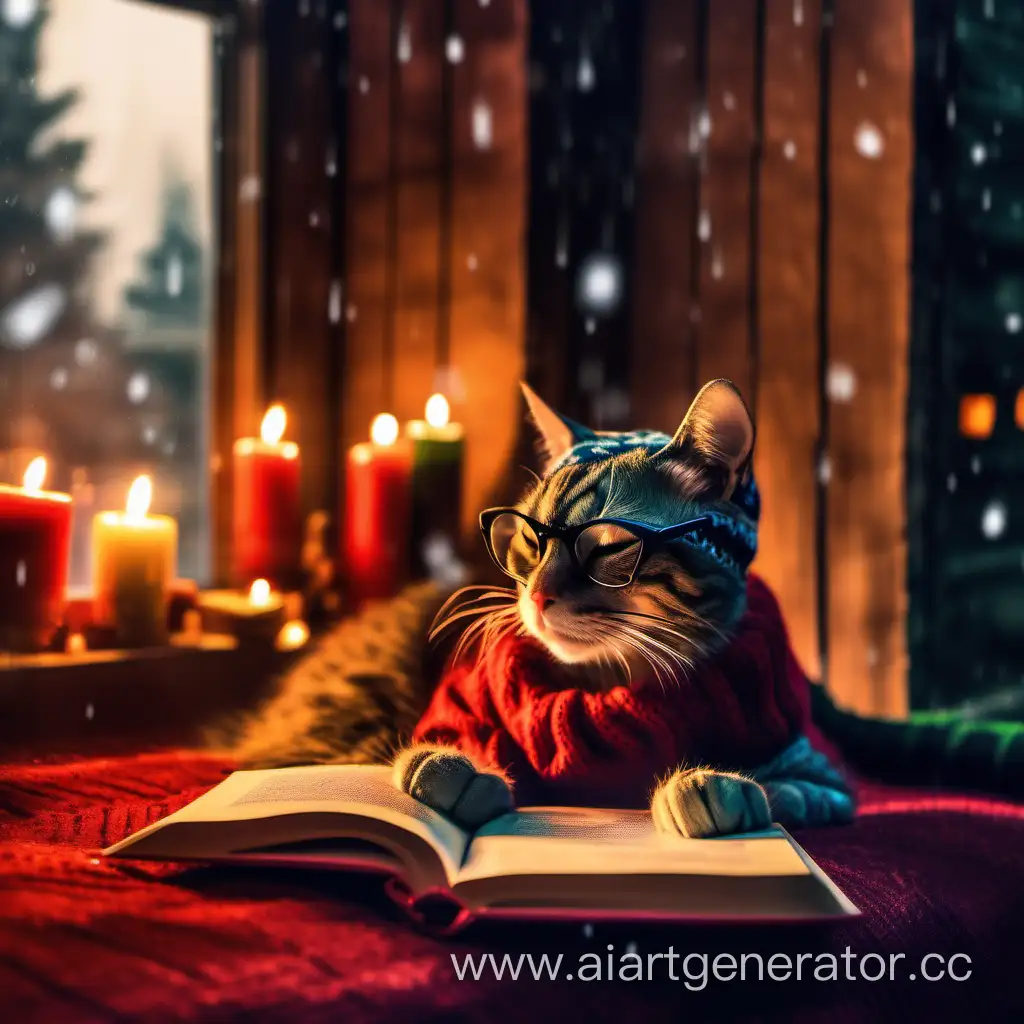 like a winter's tale, a cat with galsses  reading a book on her sofa in a house with large wooden windows, dressed in a sweater, the fireplace is lit in the room, candles are lit, the cat is sleeping in front of the fireplace,it's snowing outside, red green cushions on the sofa, warm colors, a romantic setting