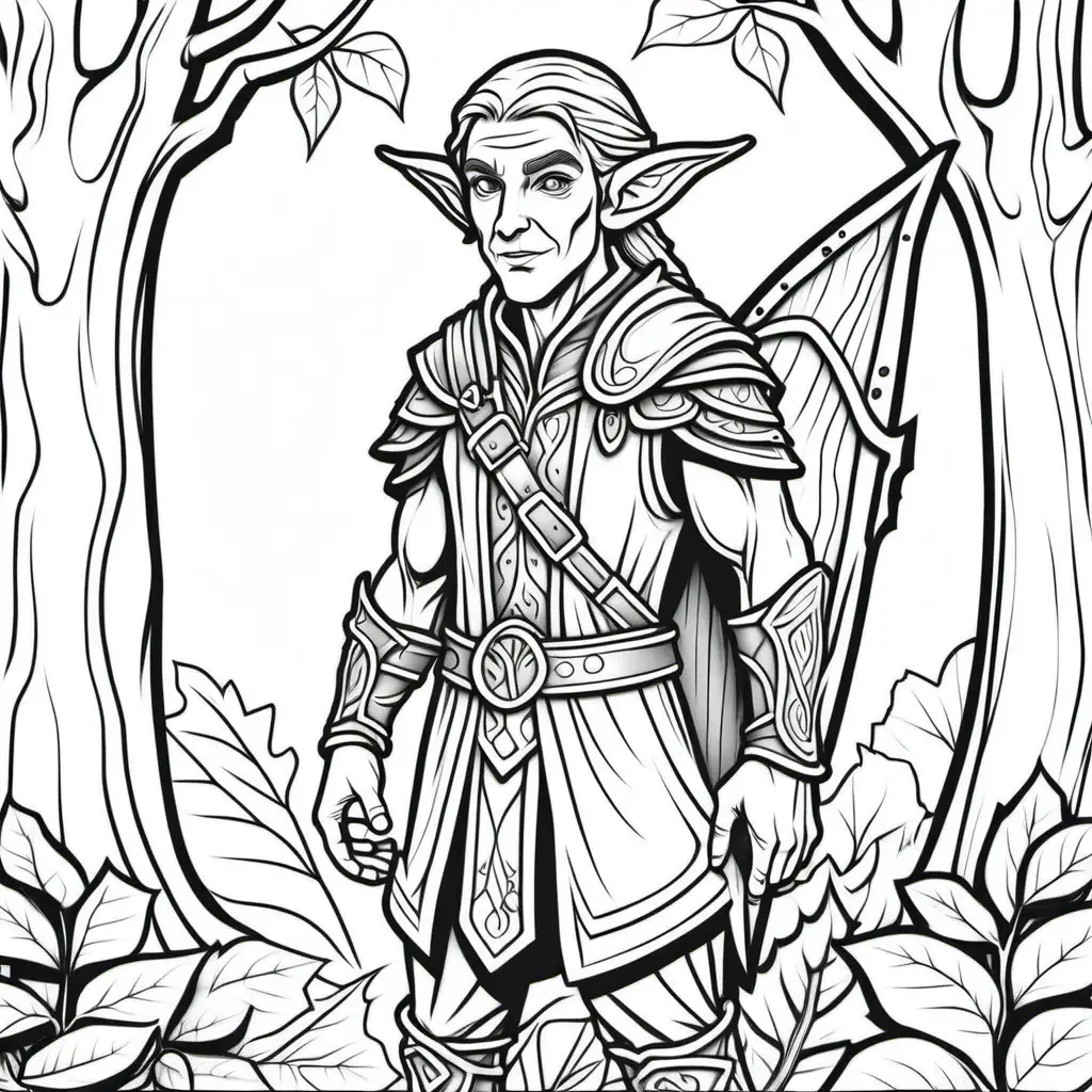 coloring page for kids, wood elf, thick lines, low detail, no shading, 
