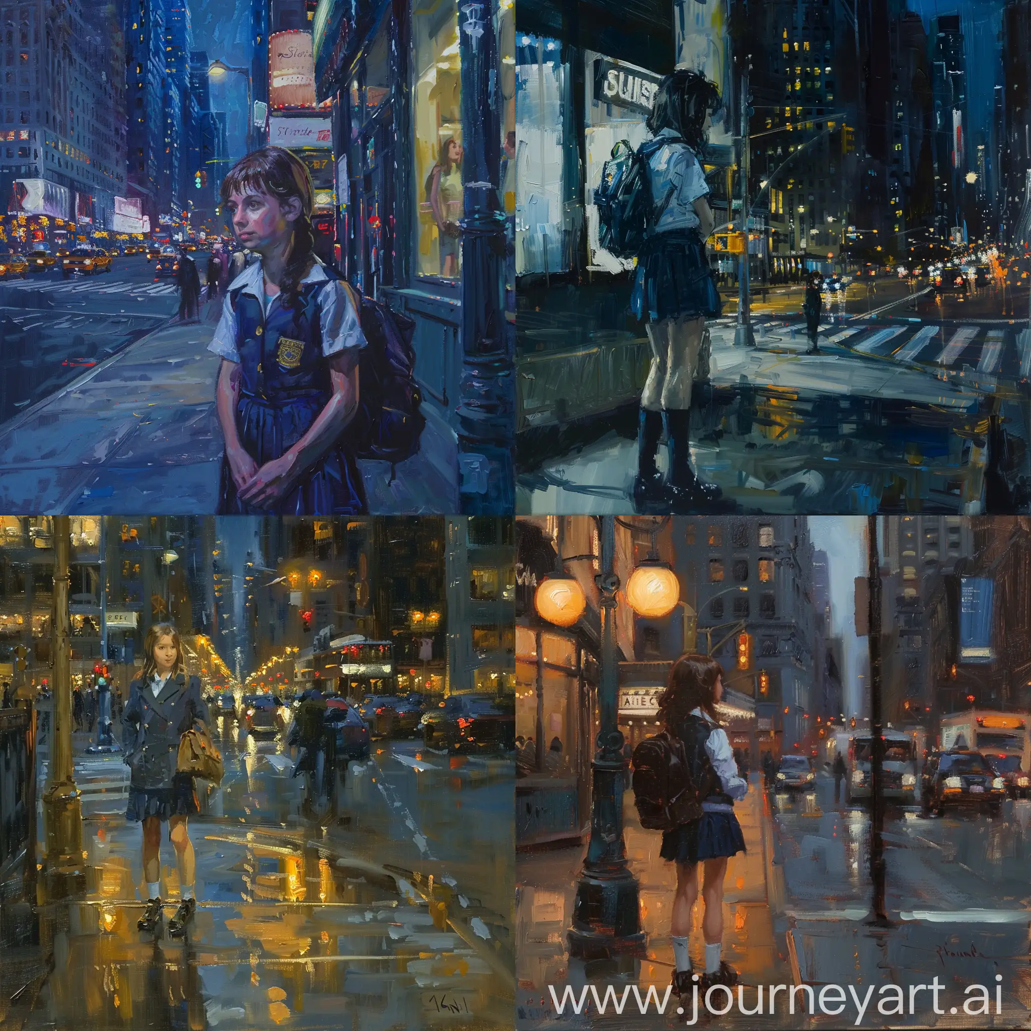 Urban-Night-Scene-Schoolgirl-in-Uniform-Walking-Down-City-Street