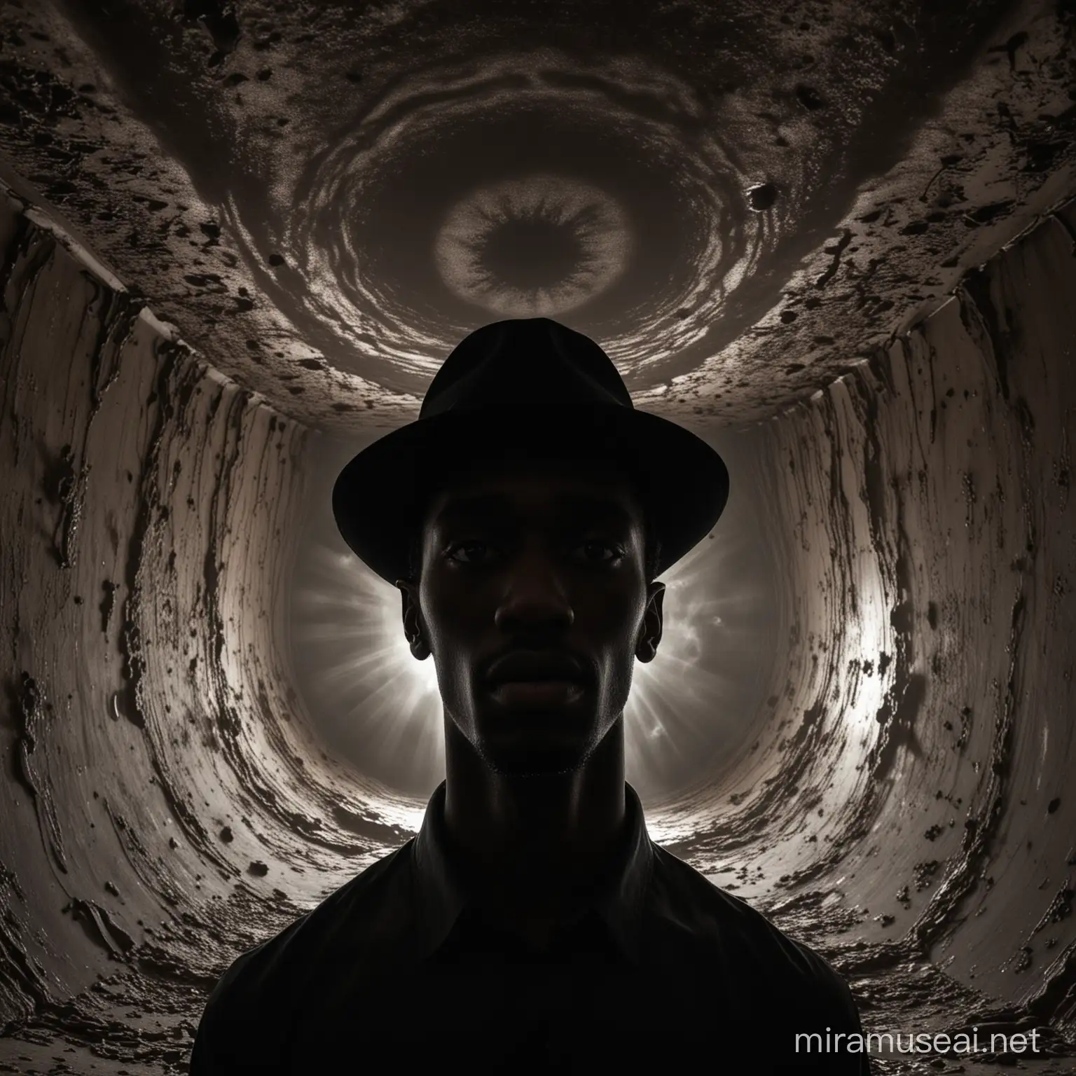 a very skinny black man with a black hat In the center of the image with a fisheye effect, smoked room, seeing from behind, hallucinogen, siluette of the person, the walls is melting, hallucinogenic, trance, brain, chemical, highly detailed, stunning visuals, ultra realistic, eyes is starring from the walls, surreal, hallucinations, trippy