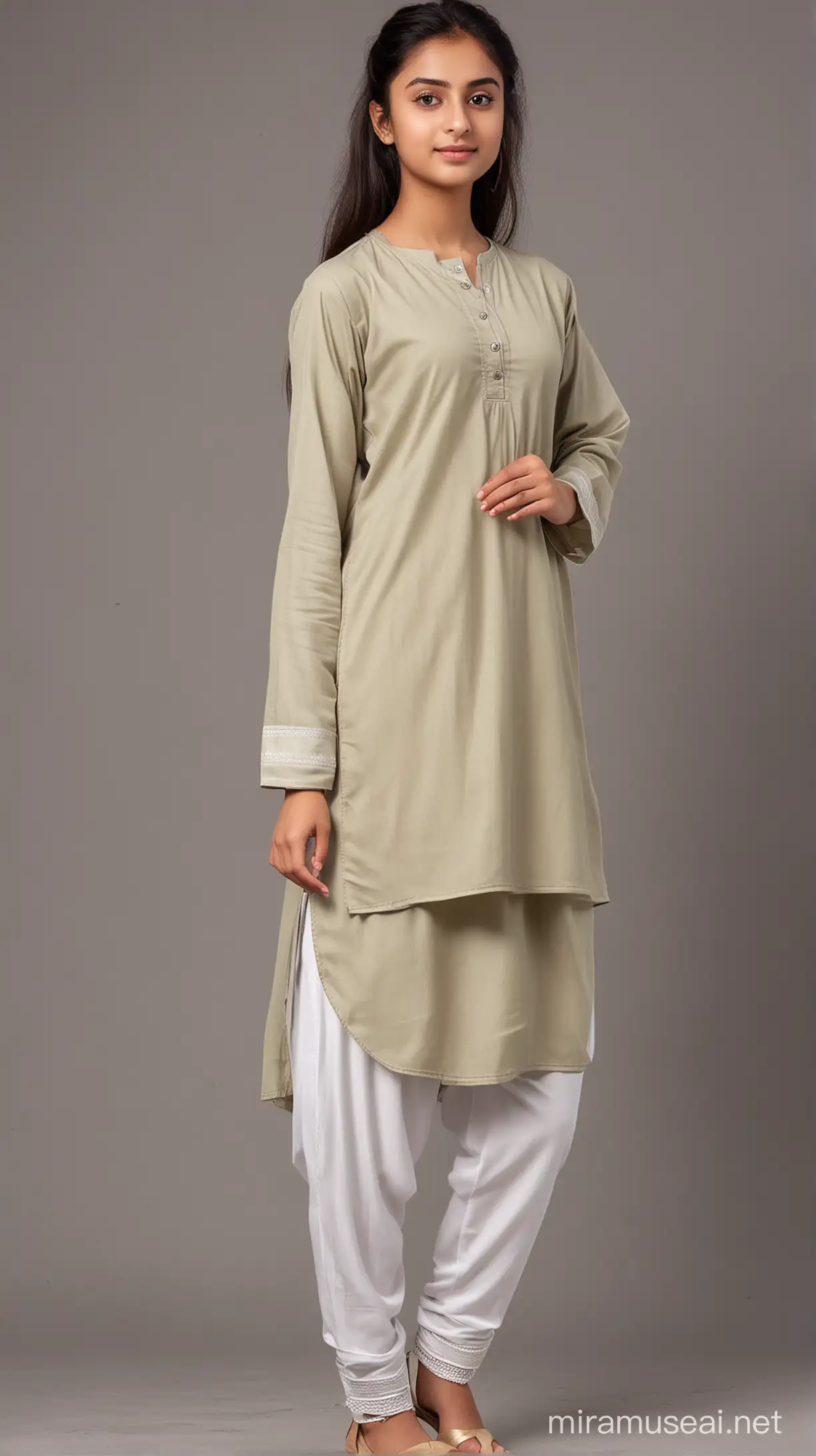 A Young adult A-level school girl standing straight on a side pose wearing a khaki round neck kameez white shalwar, and a dupatta on the chest and shoulders, realistic, thin, teenage, gorgeous, full image, full shot, full-body.