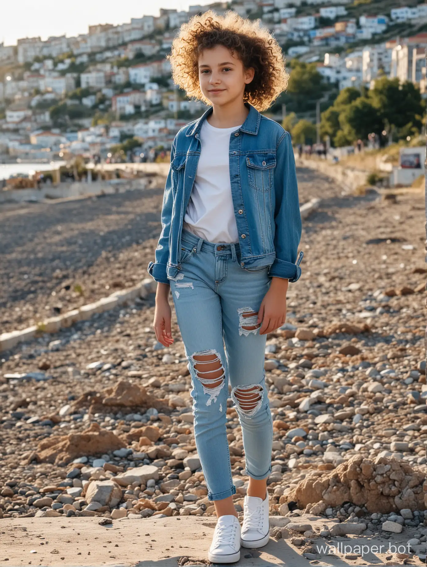 girl 11 years old with curls in light jeans with holes, Crimea, view of the town, full-length