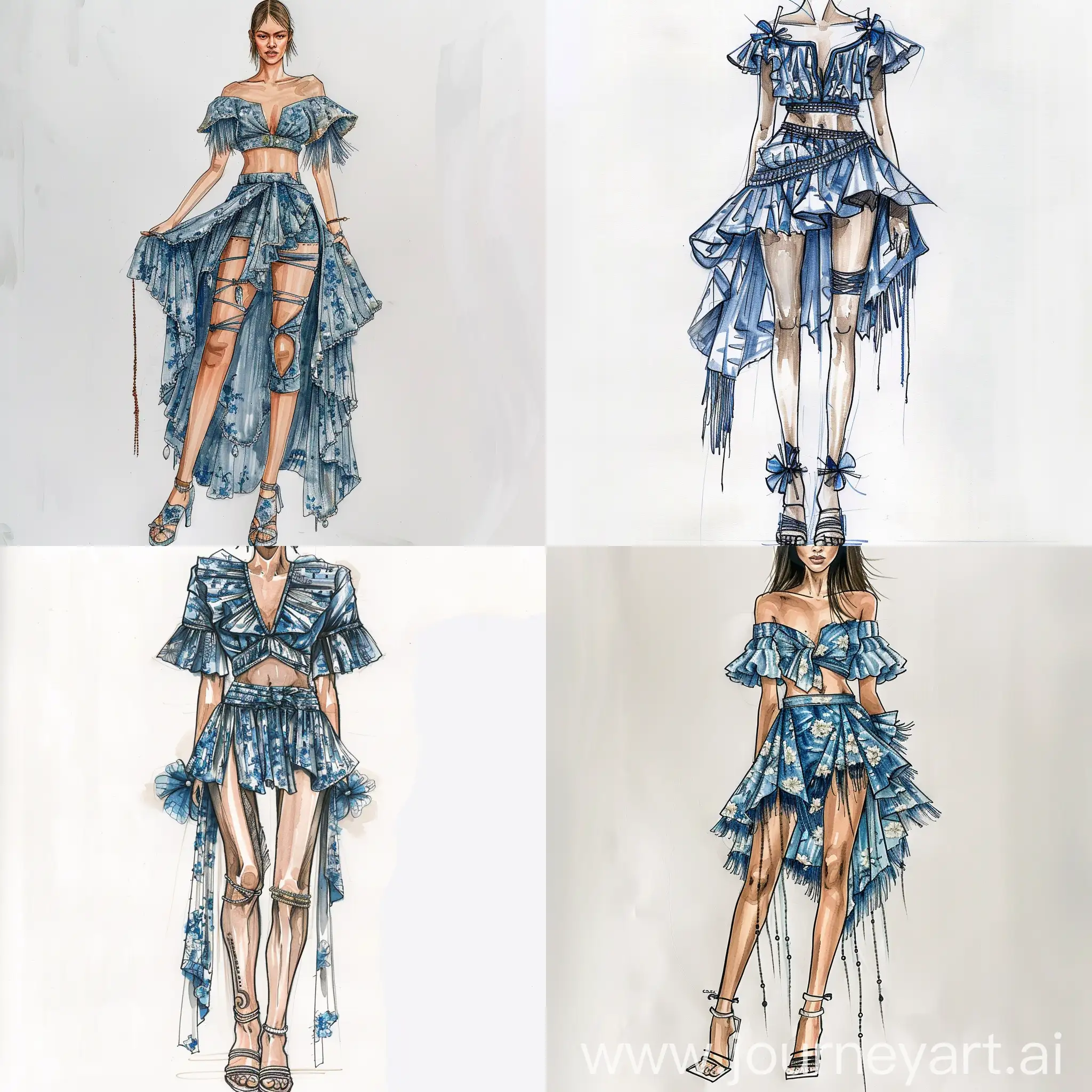 Blue-Celest-Flower-Puffer-Top-with-Asymmetric-Skirt-Fashion-Sketch