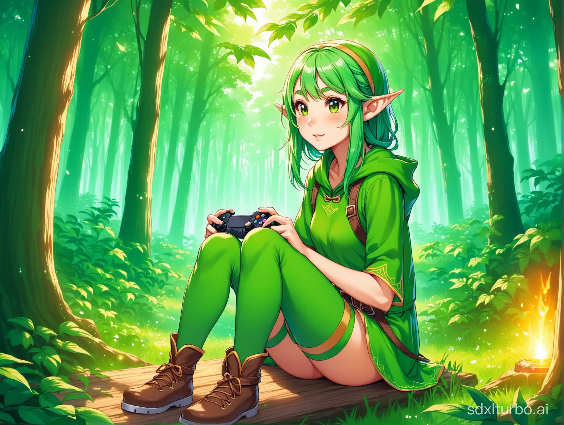 elf girl with green hair playing video game on computer sitting in forest