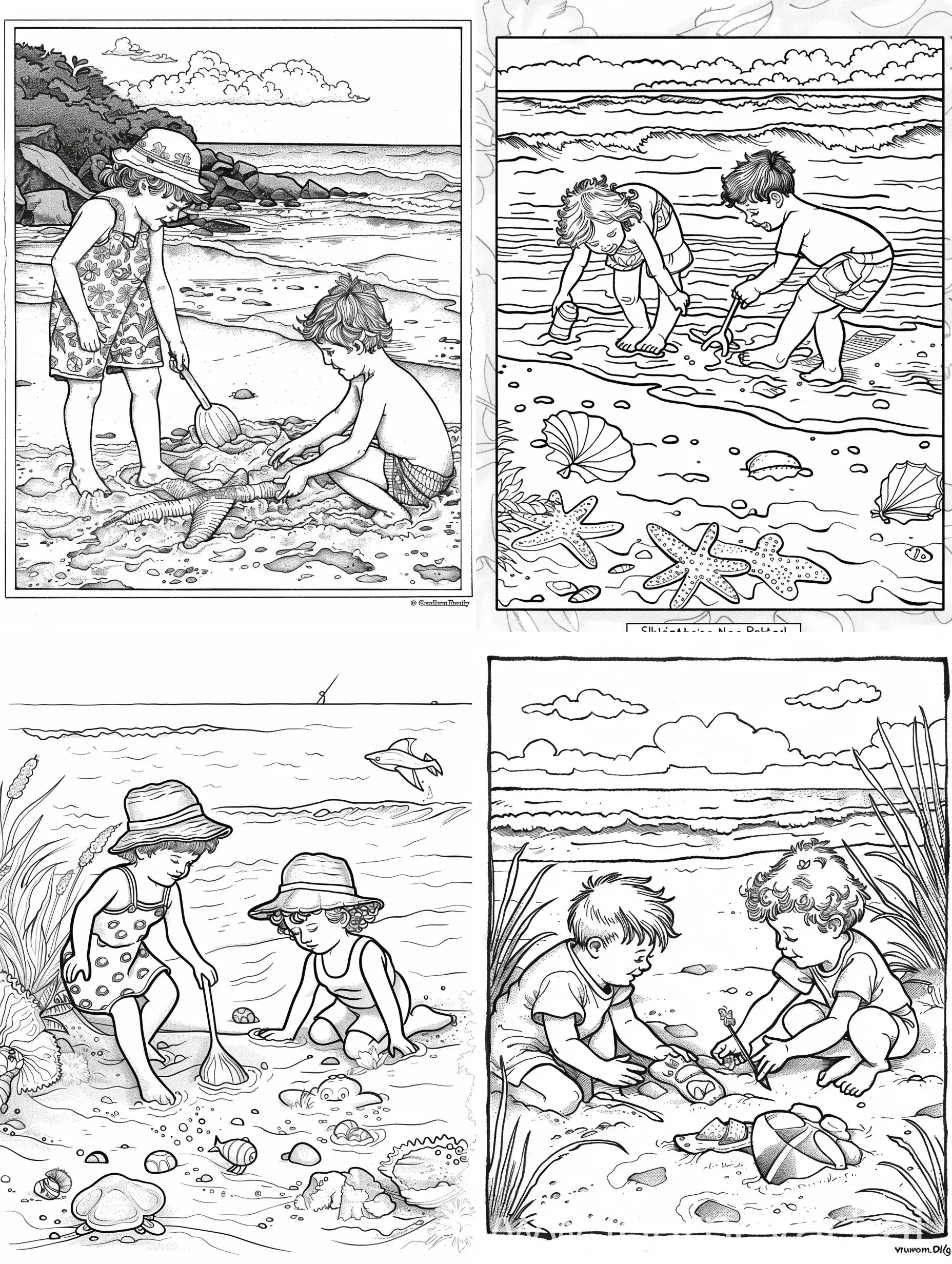coloring book page, playing on the beach , Black and white, white background
