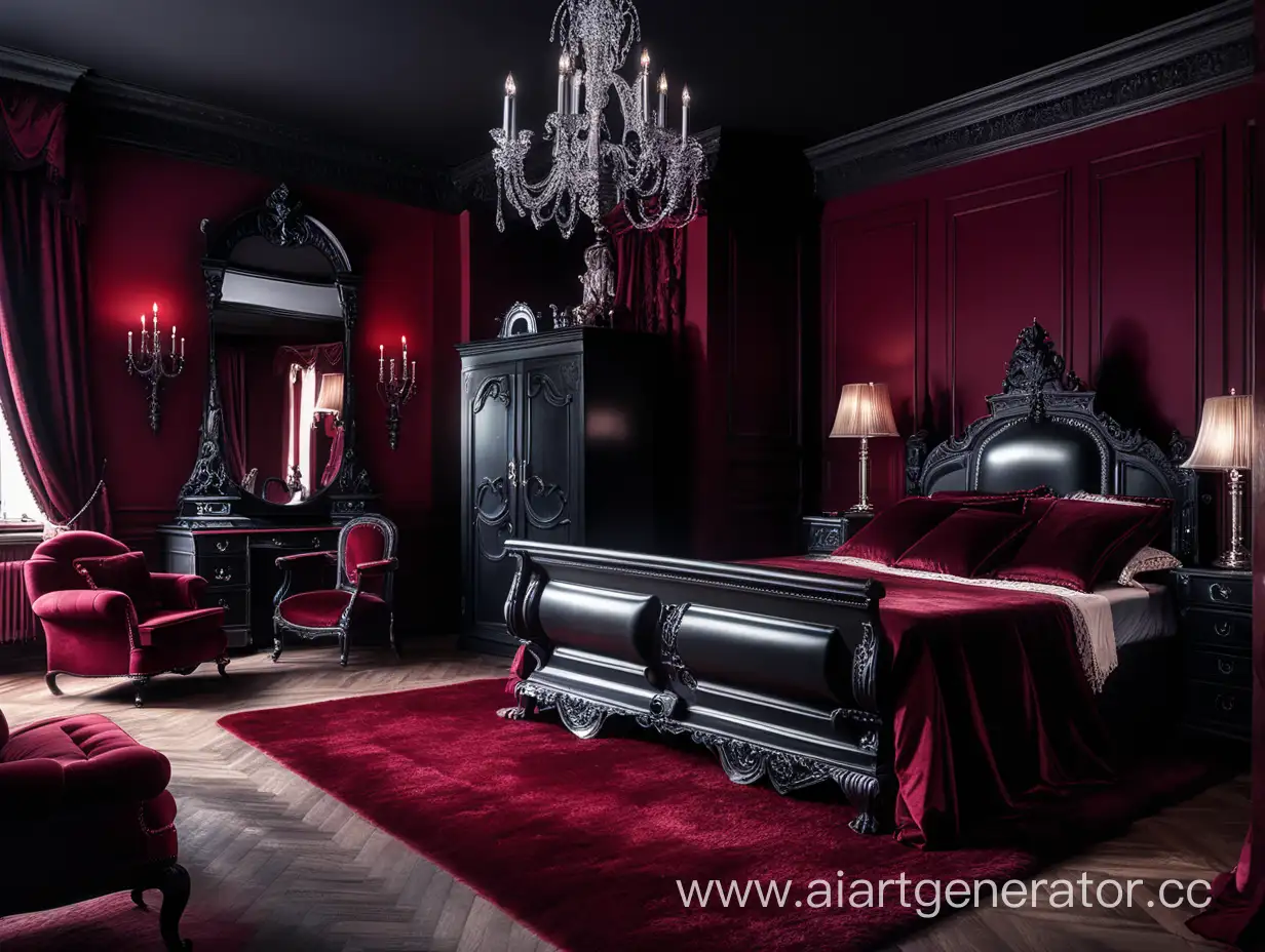 the room is in dark red tones , and on the walls there is a black liquid from which eyes, dark wardrobe, large Gothic-style bed, desk and sofa.