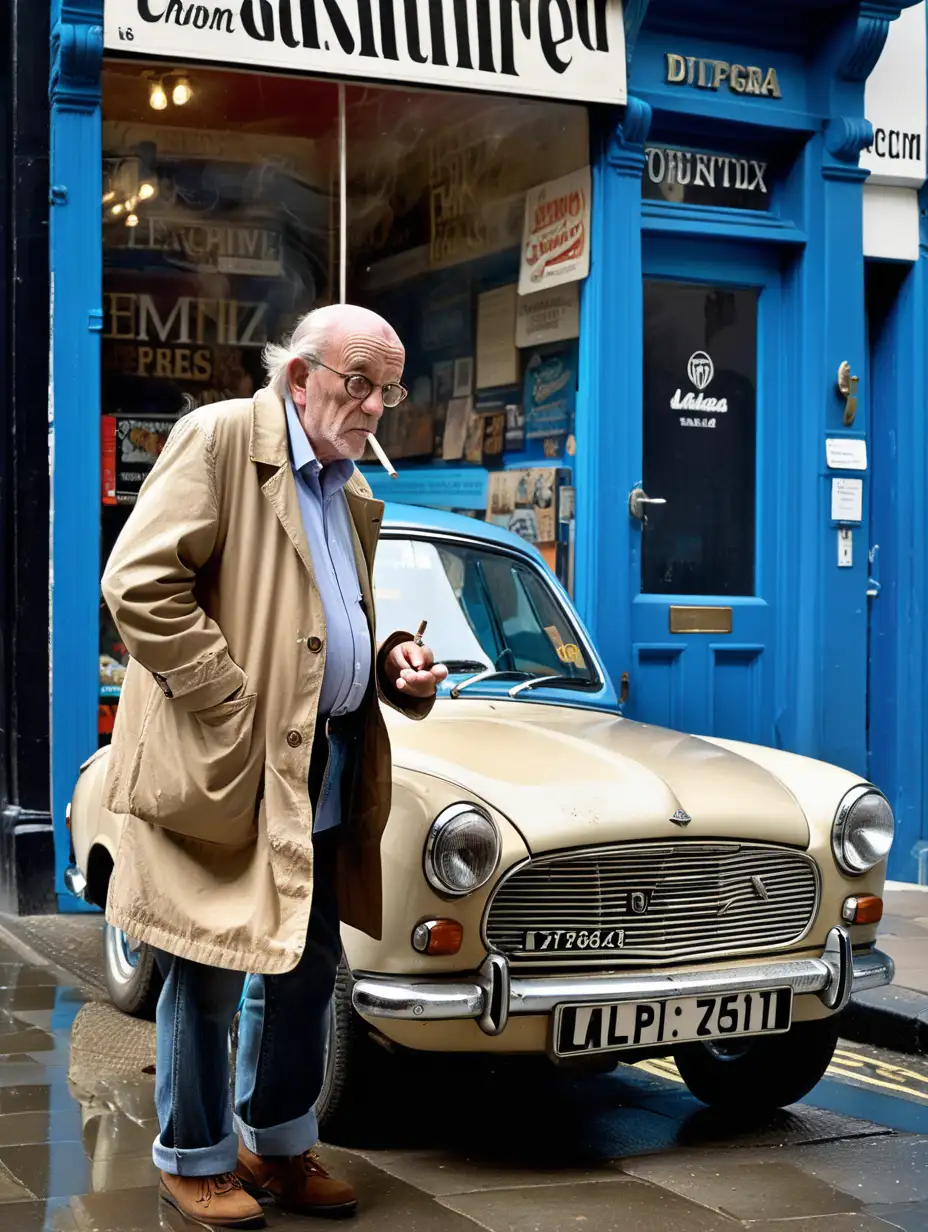 Elderly Man Smoking Cigarette by Dilapidated Blue Austin Allegra on Compton Street