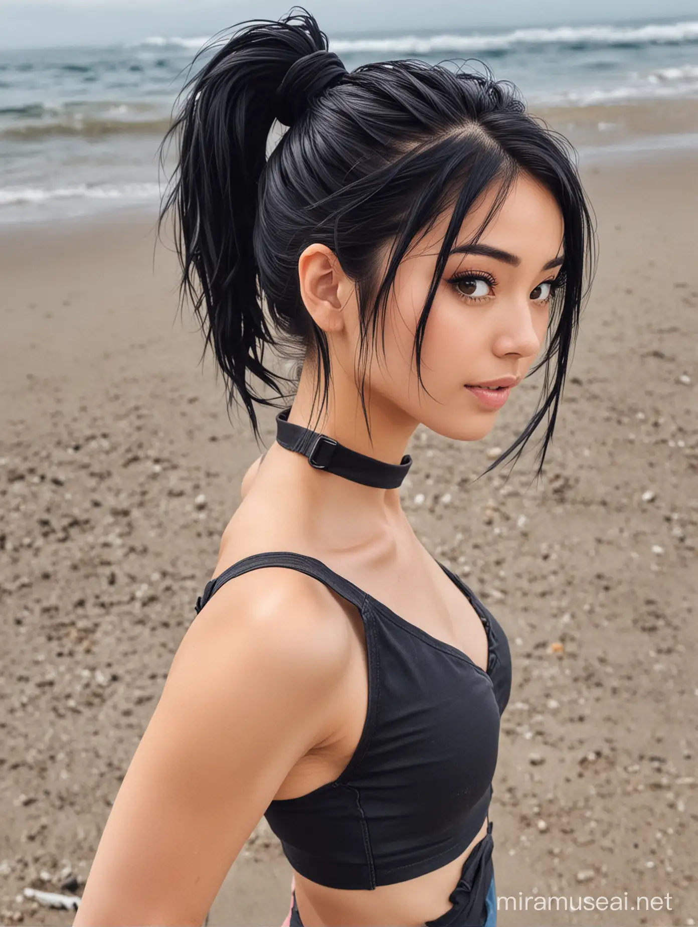 A woman with anime-style black hair tied up in a ponytail, wearing dark jeans and swim suit.