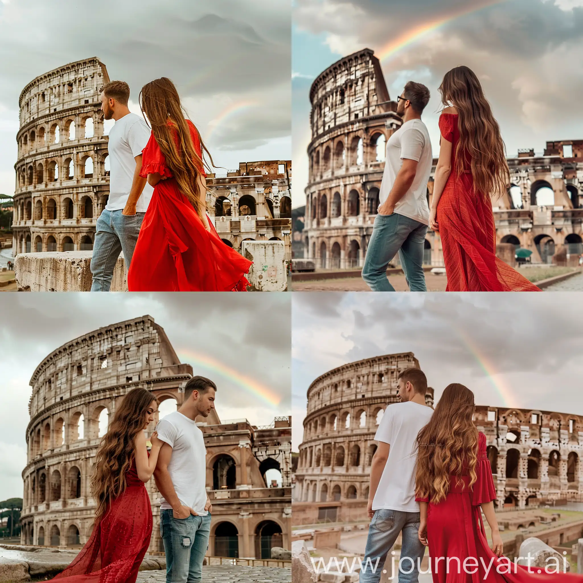 Rome. A couple of lovers in front of the Colosseum: she is wearing a red dress and long brown hair, he is wearing jeans and a white t-shirt. The day is cloudy but not raining, while behind them, the Colosseum and a rainbow can be seen.