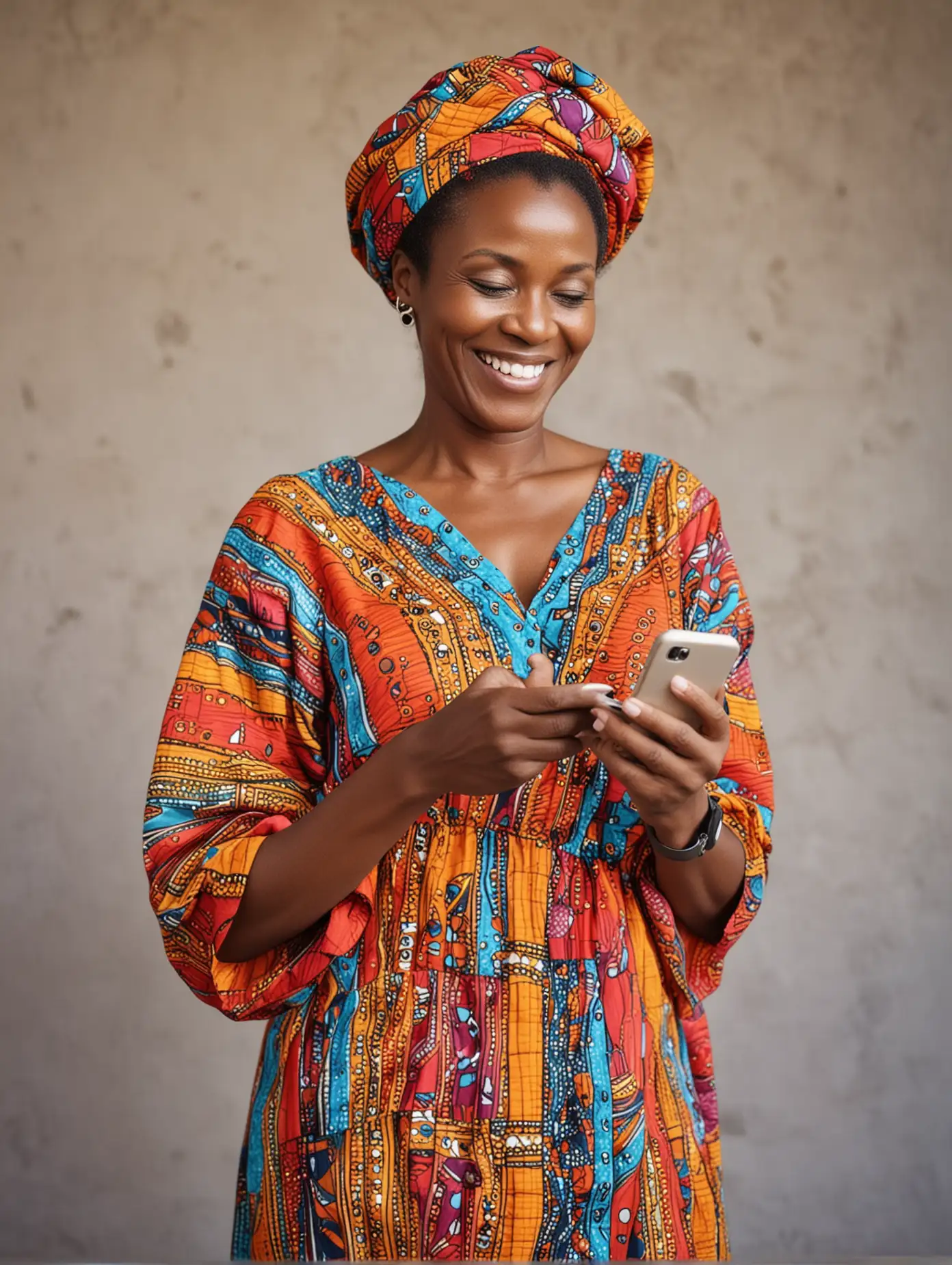 Smiling Mature African woman in colourful dress  reading text on a mobile phone
