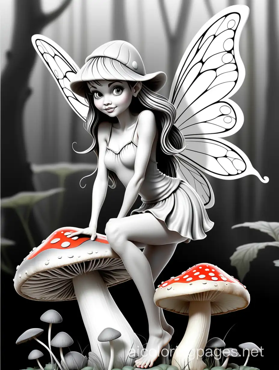 fairy on mushroom in grayscale, Coloring Page, black and white, line art, white background, Simplicity, Ample White Space. The background of the coloring page is plain white to make it easy for young children to color within the lines. The outlines of all the subjects are easy to distinguish, making it simple for kids to color without too much difficulty
