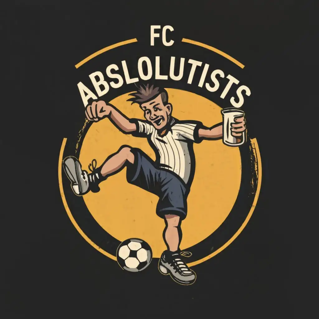 a logo design,with the text "fc absolutists", main symbol:drunk man playing soccer, with beer,Moderate,clear background