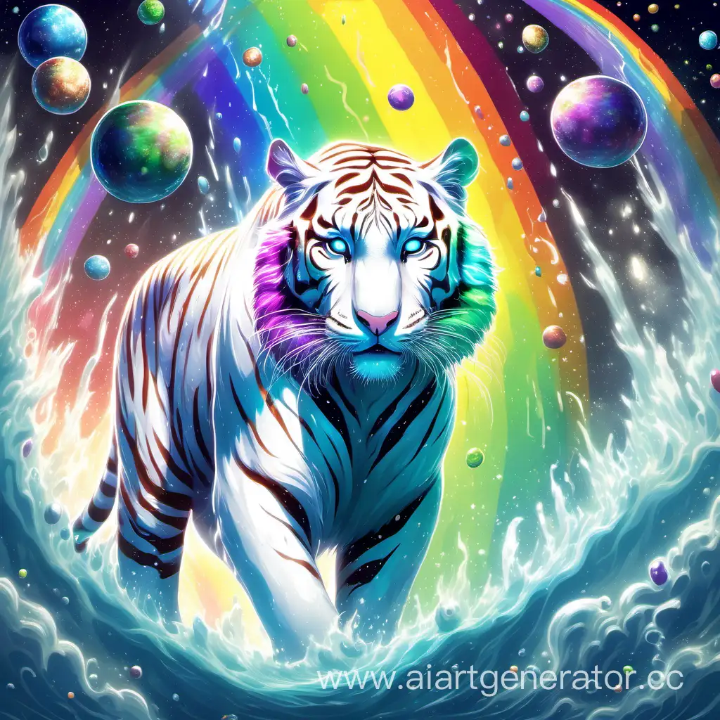 белый тигр в космосе, вокруг всплески воды и радуга
