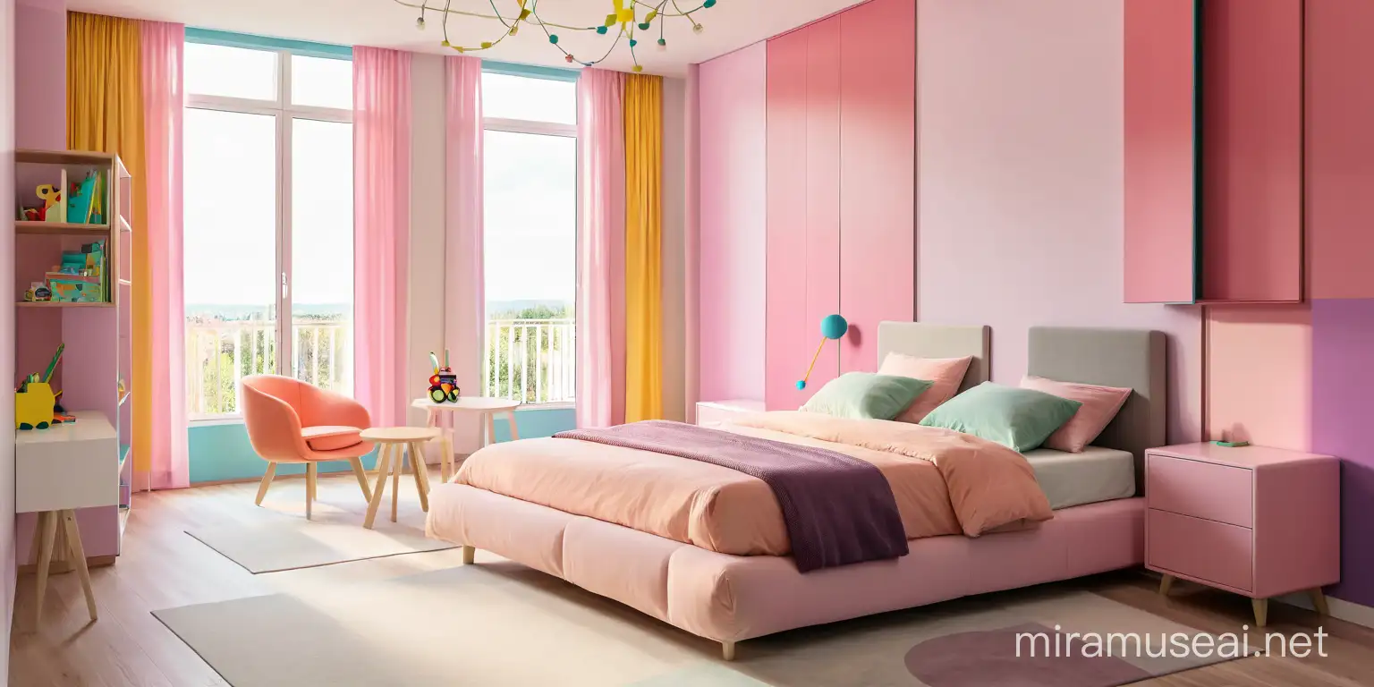 Moderner Innenraum eines Kinderzimmers mit Designermöbeln und Color Blocking in kräftigen, hellen und kontrastreichen Farbtönen, Minimalistisch, helle freudlichen Pastelltöne, Schrankoberflächen, spannende Perspektive mit Blick nach draußen