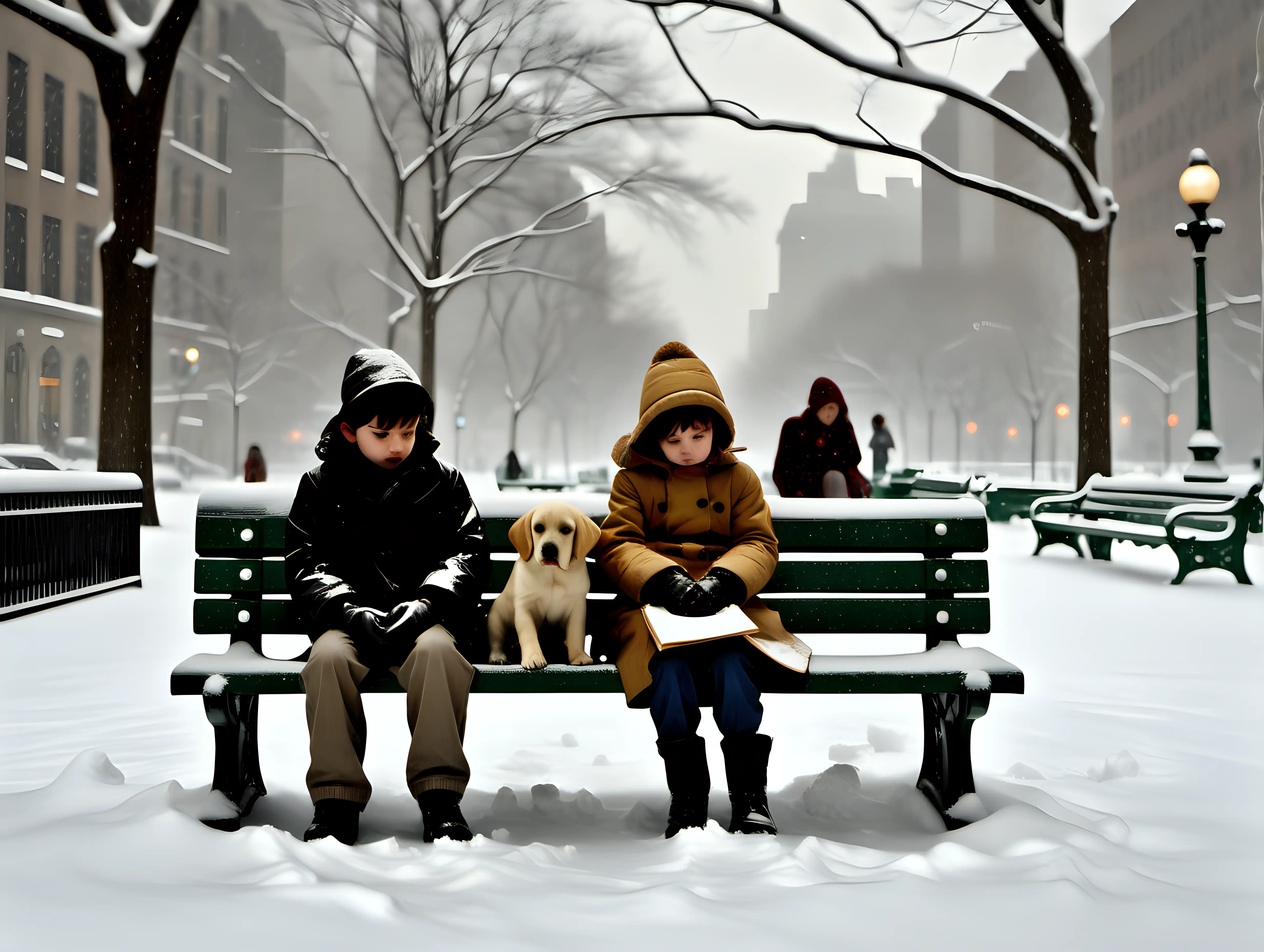 Children and Puppy on Park Bench in NYC Snowstorm HopperInspired Scene