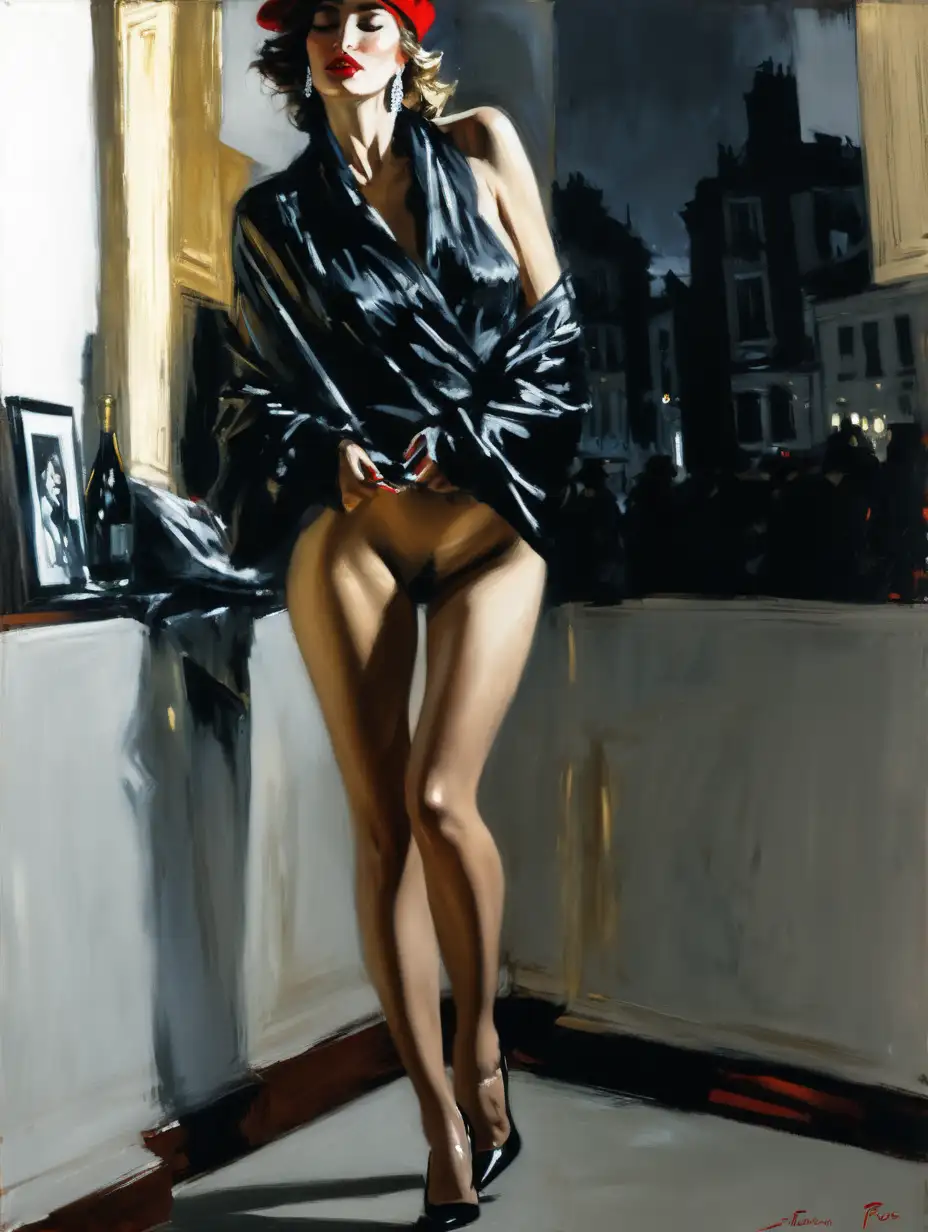 a sexy , (naked:1.2) woman luxurious parisian courtesan , she lifts her clothes , high heels , red beret , painting by (Fabian Perez:1.3) ,  light leaks , night scene ,  painting style expressionism , jagged lines

 