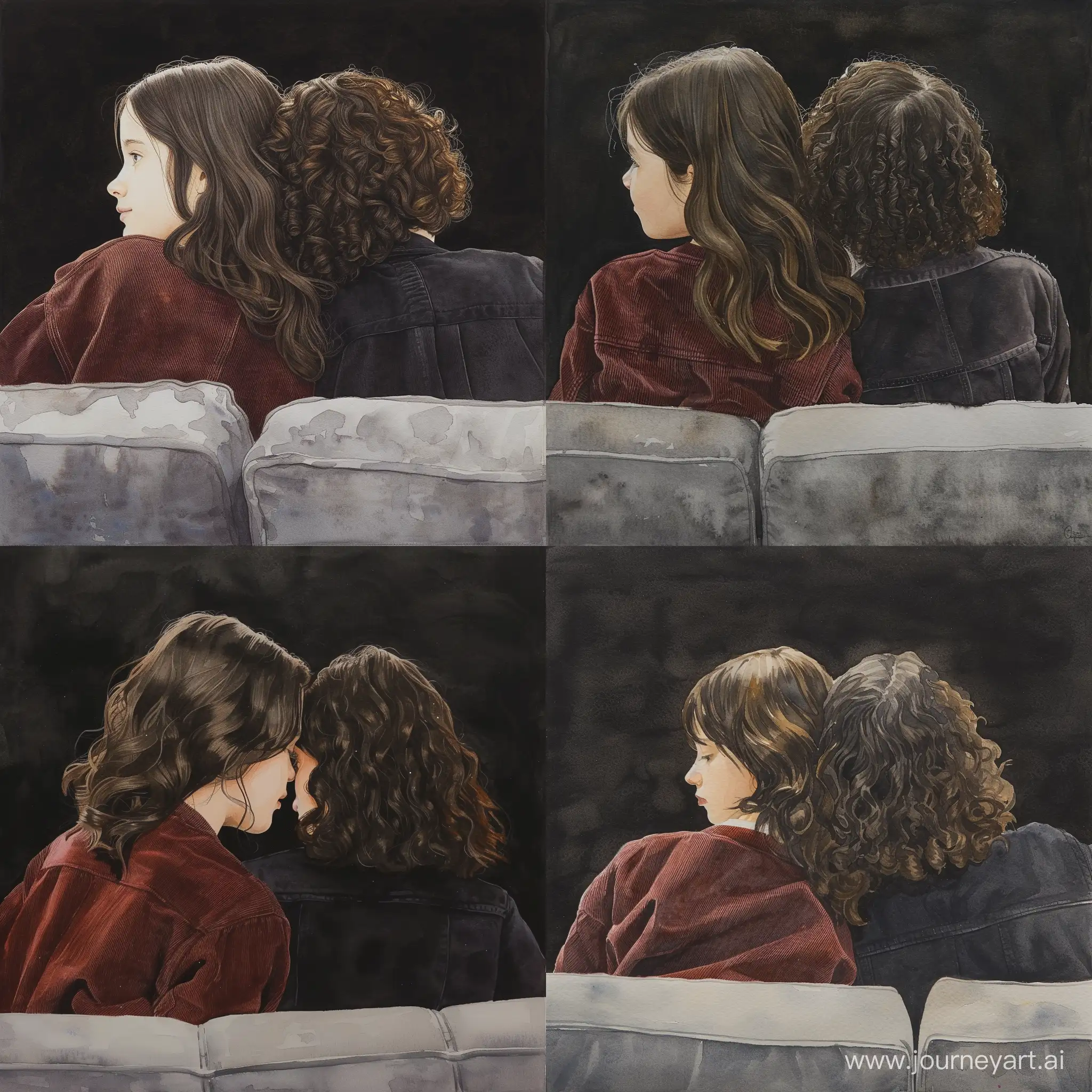 Two teenage girls are sitting on a gray sofa from behind and behind. One of the girls has wavy dark brown hair and white skin and is wearing a crimson corduroy jacket with her head on the other girl's shoulder. The other girl has very curly dark brown hair. And her skin is white and she is a little shorter than the other girl and she is wearing a black corduroy jacket. The background is too dark. watercolor painting