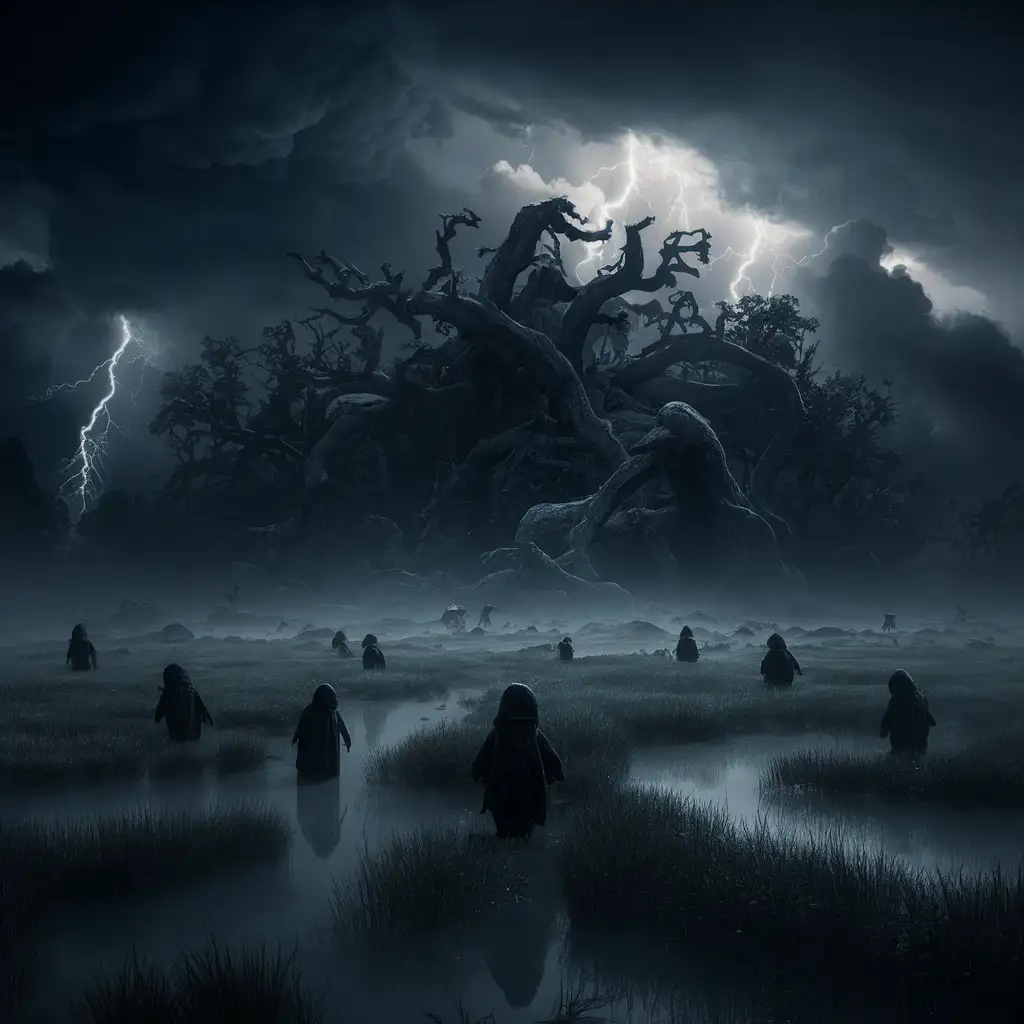 Eerie Night Journey Mysterious Figures in Swampland