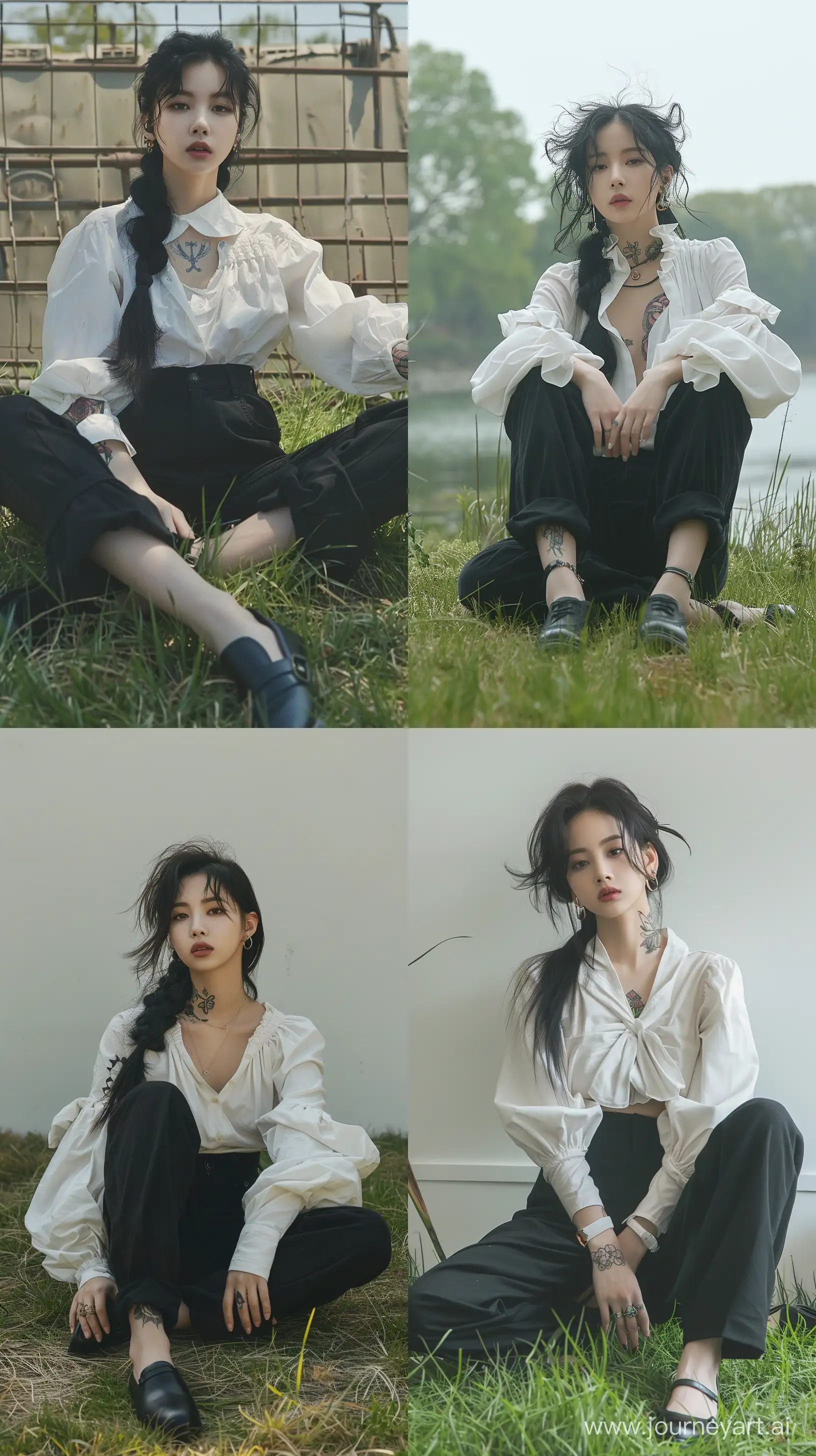 High resolution fashion profile photo of jennie blackpink's full body shot, wearing black pants and white oversized blouse with black loafer shoes,profile sit on grass,no accssesories no make up,cute tattoo, pigtail black hair,minimalism,in the style of jennie, bared face, album covers, flickr --ar 9:16 --style raw --stylize 250 --v 6