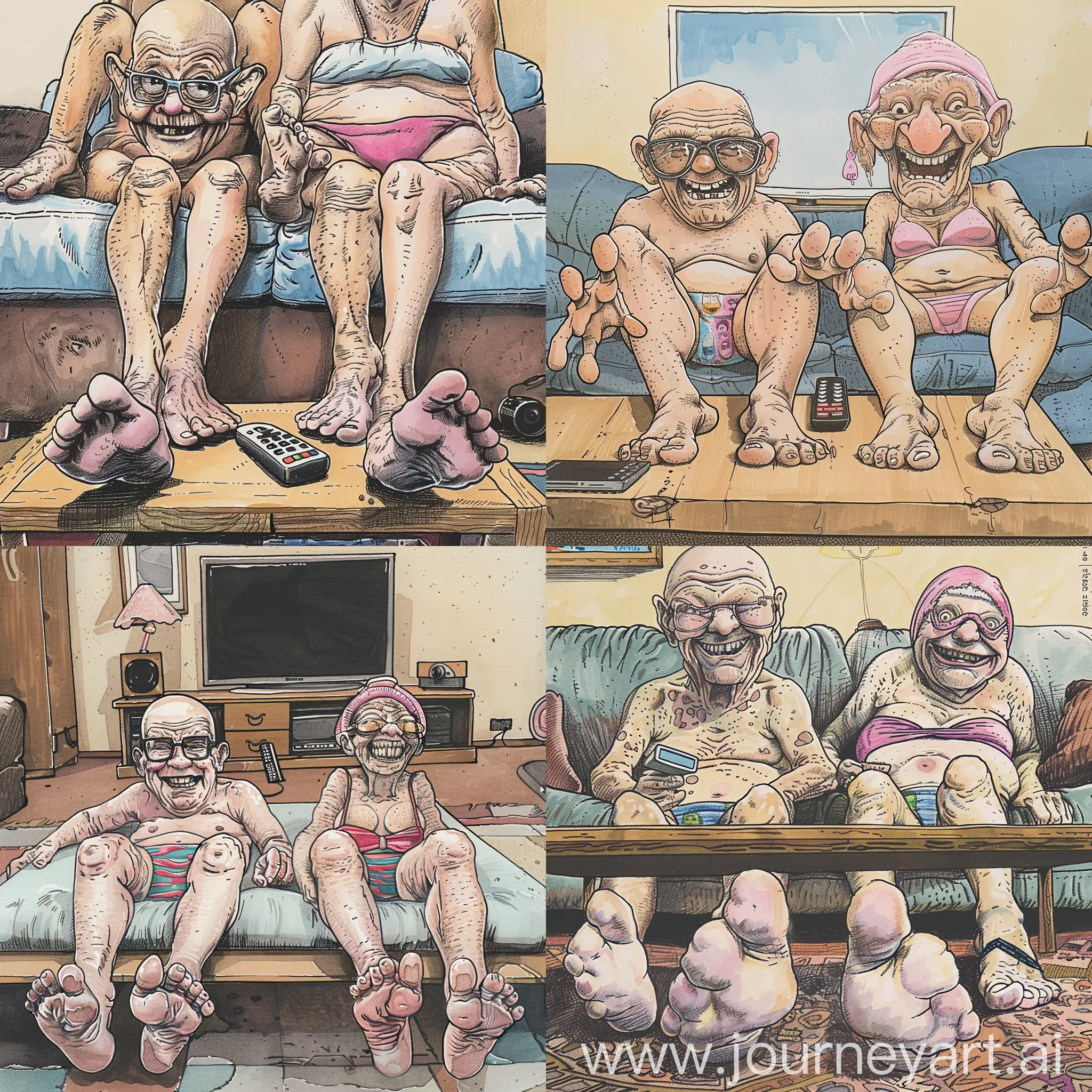 Elderly-Couple-Relaxing-on-Couch-in-Swimwear-with-Quirky-Accessories
