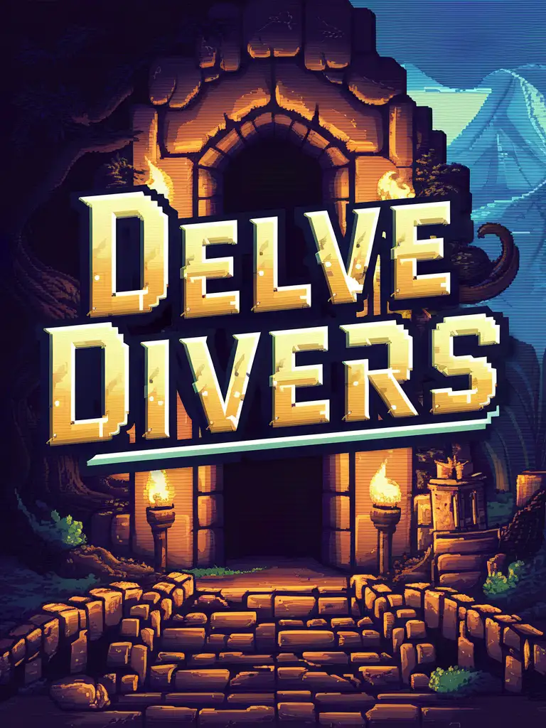 STYLIZED PIXEL ART DUNGEON ENTRANCE VIDEO GAME LOGO COVER ART WITH THE LETTERS "DELVE DIVERS" PIXEL FONT ACROSS FANTASY SETTING GAME COVER ART