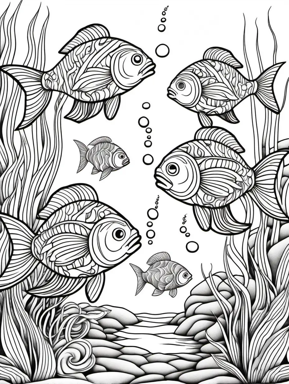 three fish, two plants, large rock, line drawing, adult coloring page, black and white, clean lines