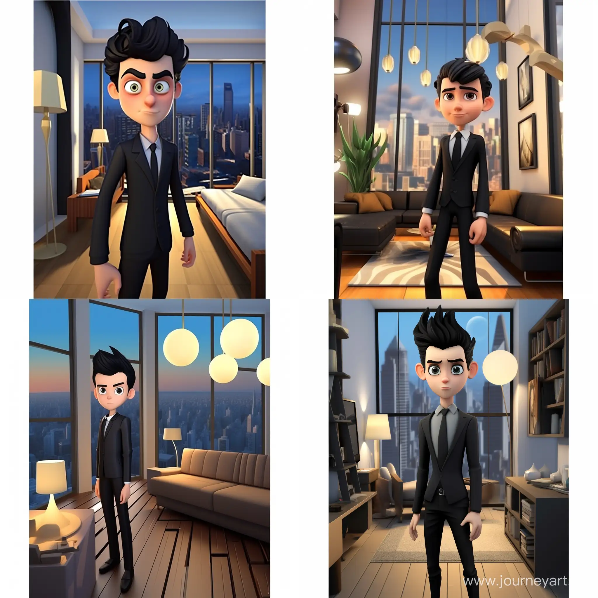 cartoon poster:  Adult black hair boy stands in penthouse in black suit, cartoon 3d realistic