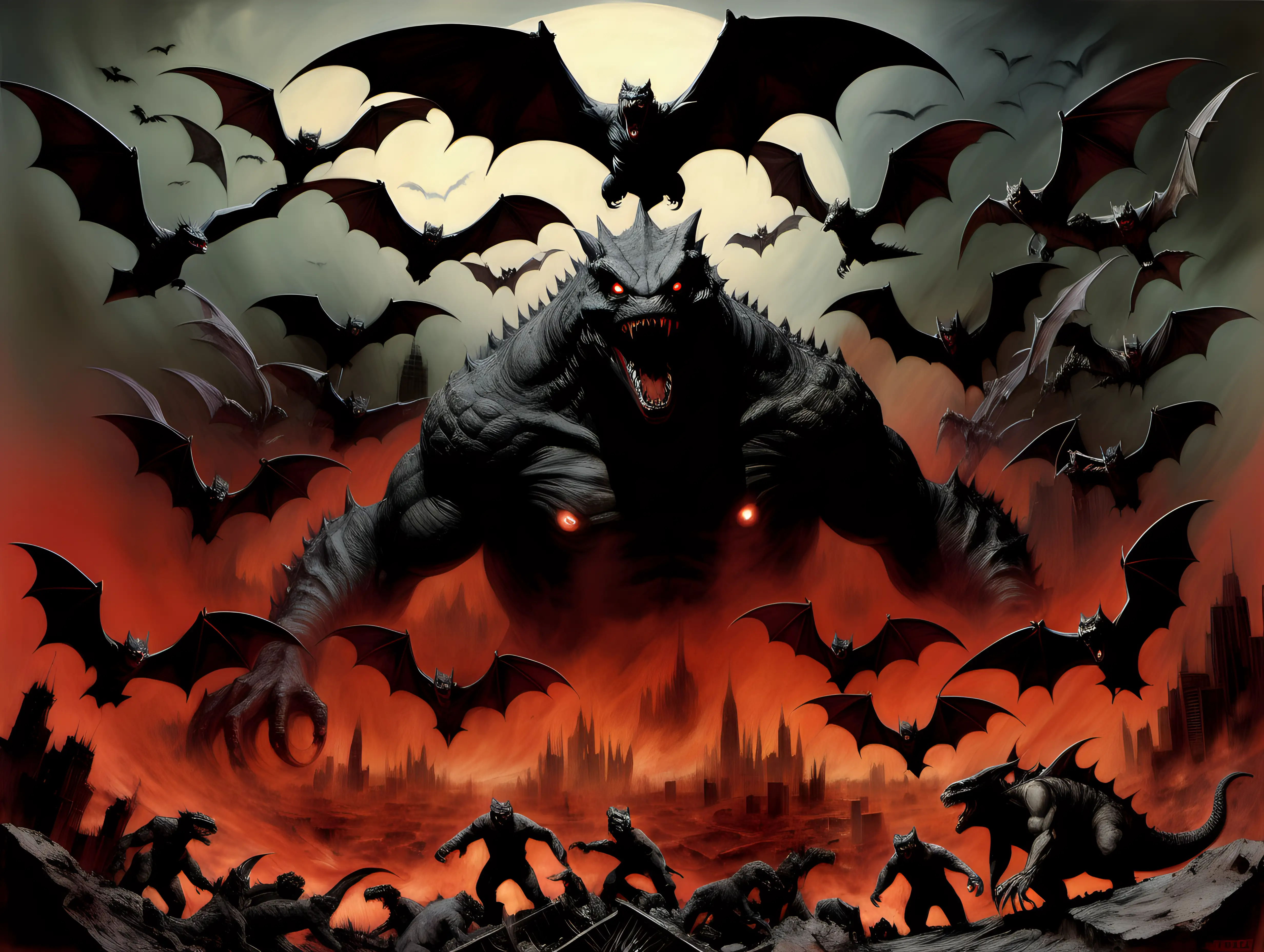 Dante's 9 circles of Hell with Godzilla and vampire bats in style of post-apocalyptic and photorealism by frank frazetta