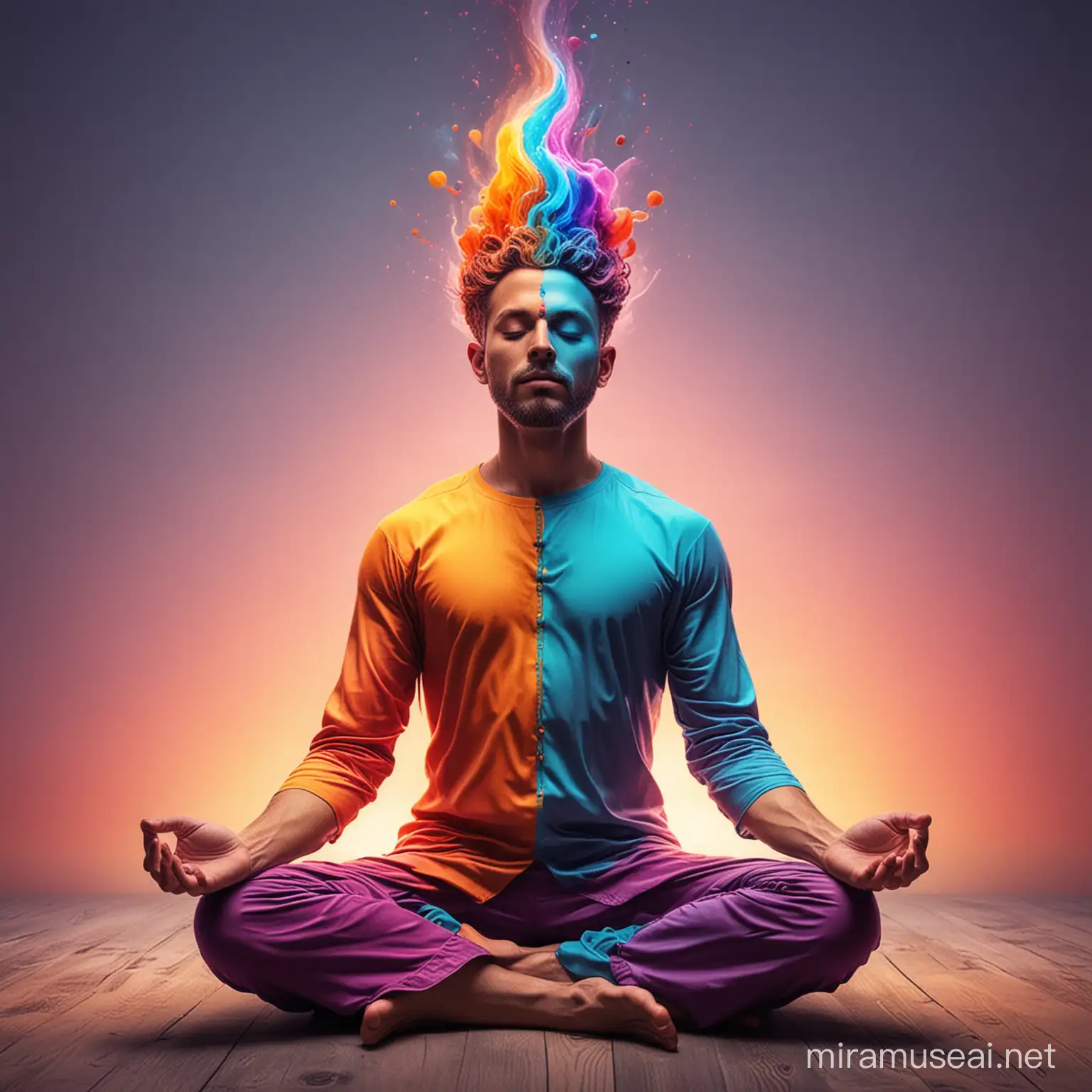 Vibrant Psychotic Man Meditating in Colorful Surreal Setting