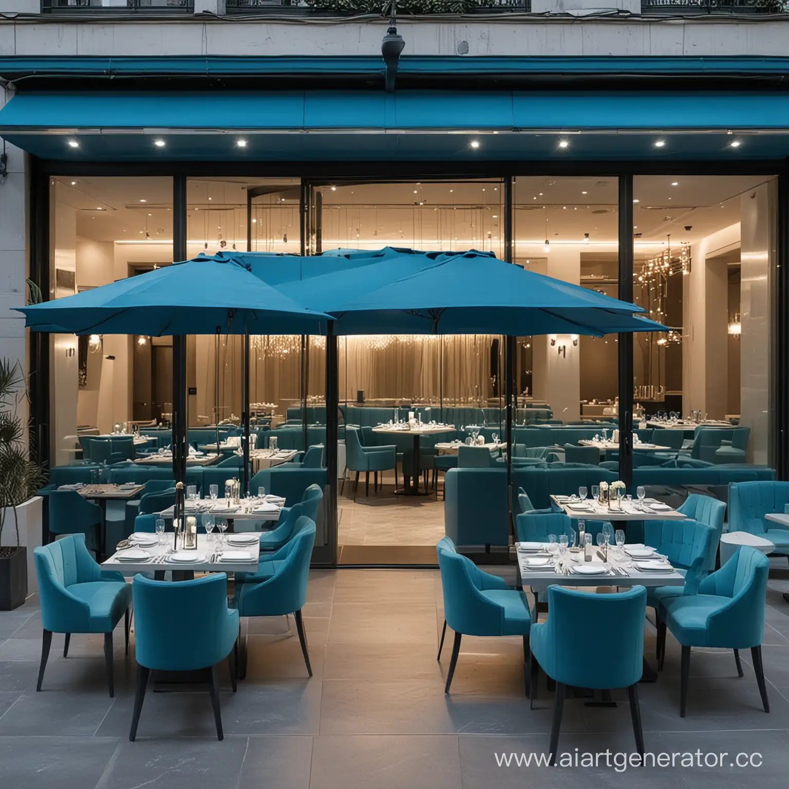 Создать дорогой ресторан лазурного цвета, как он выглядит снаружи в современном стиле