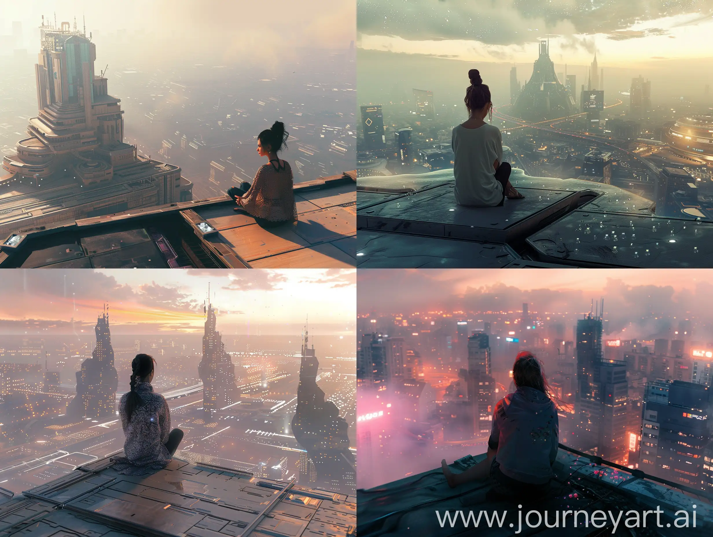 a woman sitting on a rooftop, profile picture, wallpaper, swarovs, futuristic, futuristic city, visuals, dystopian, wide view,
