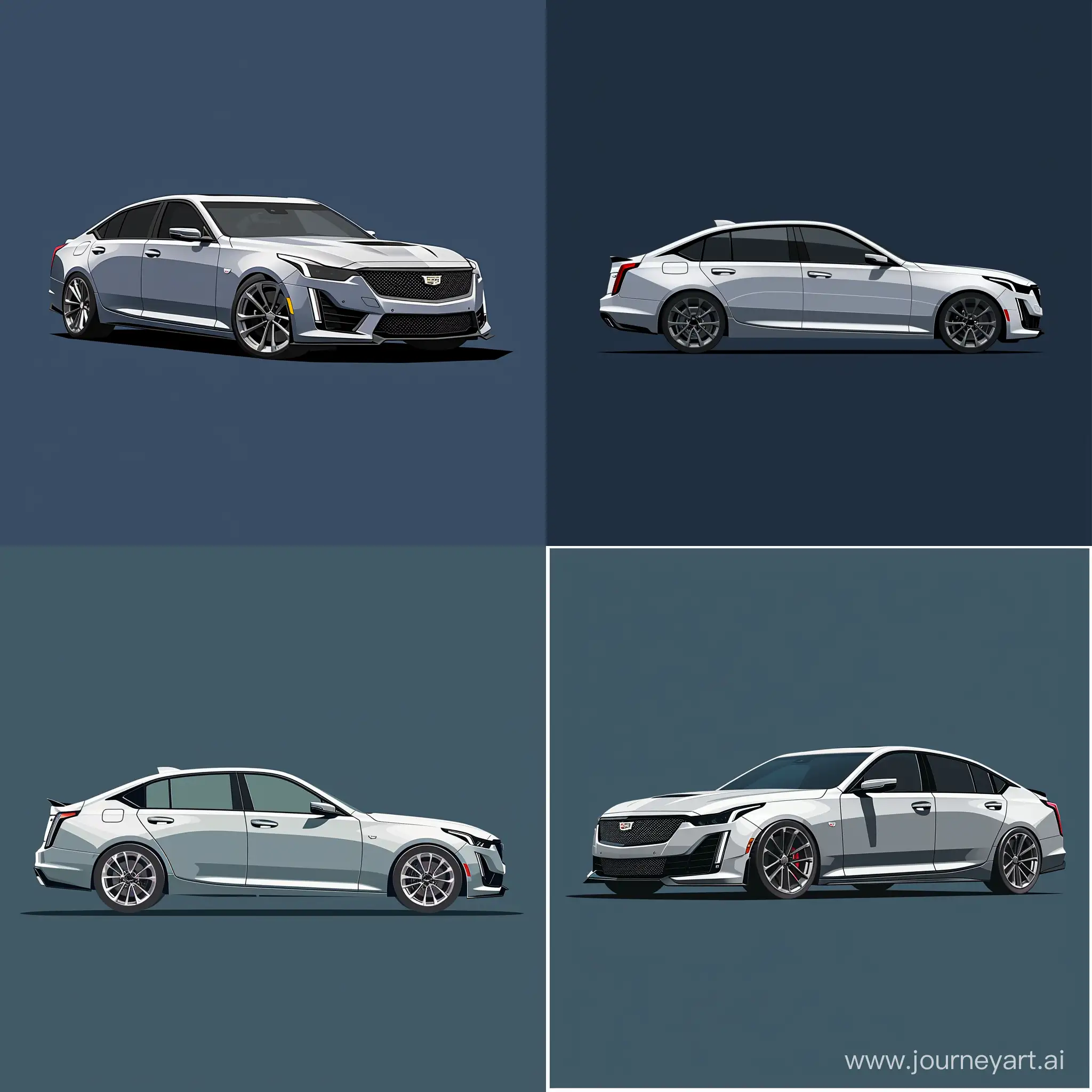 Minimalist 2D Car Illustration at a 45 degree angle from: Silver Cadillac CT5, Simple Navy Blue Background, Adobe Illustrator Software, High Precision