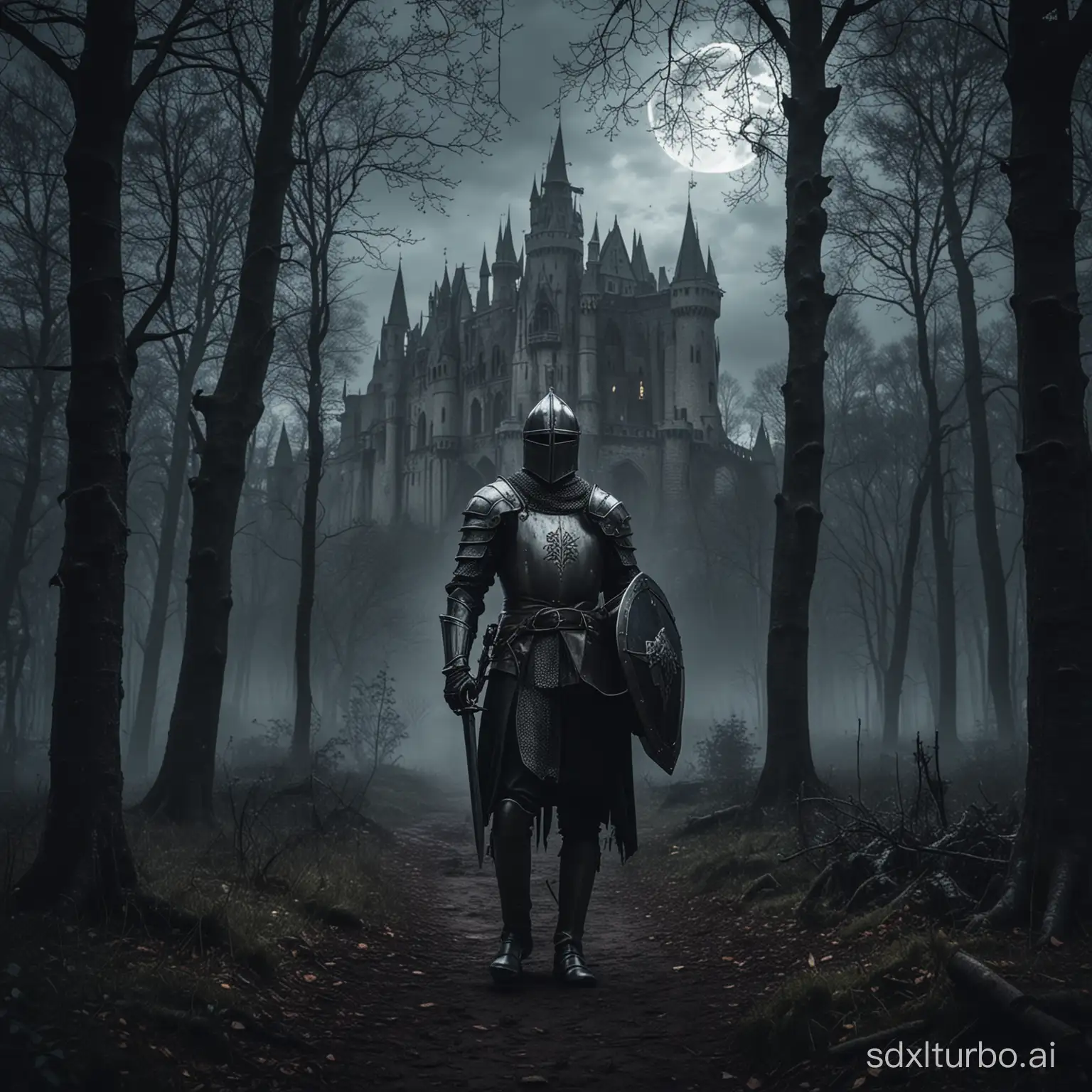 Medieval knight in the dark forest and the background is a big gothic castle