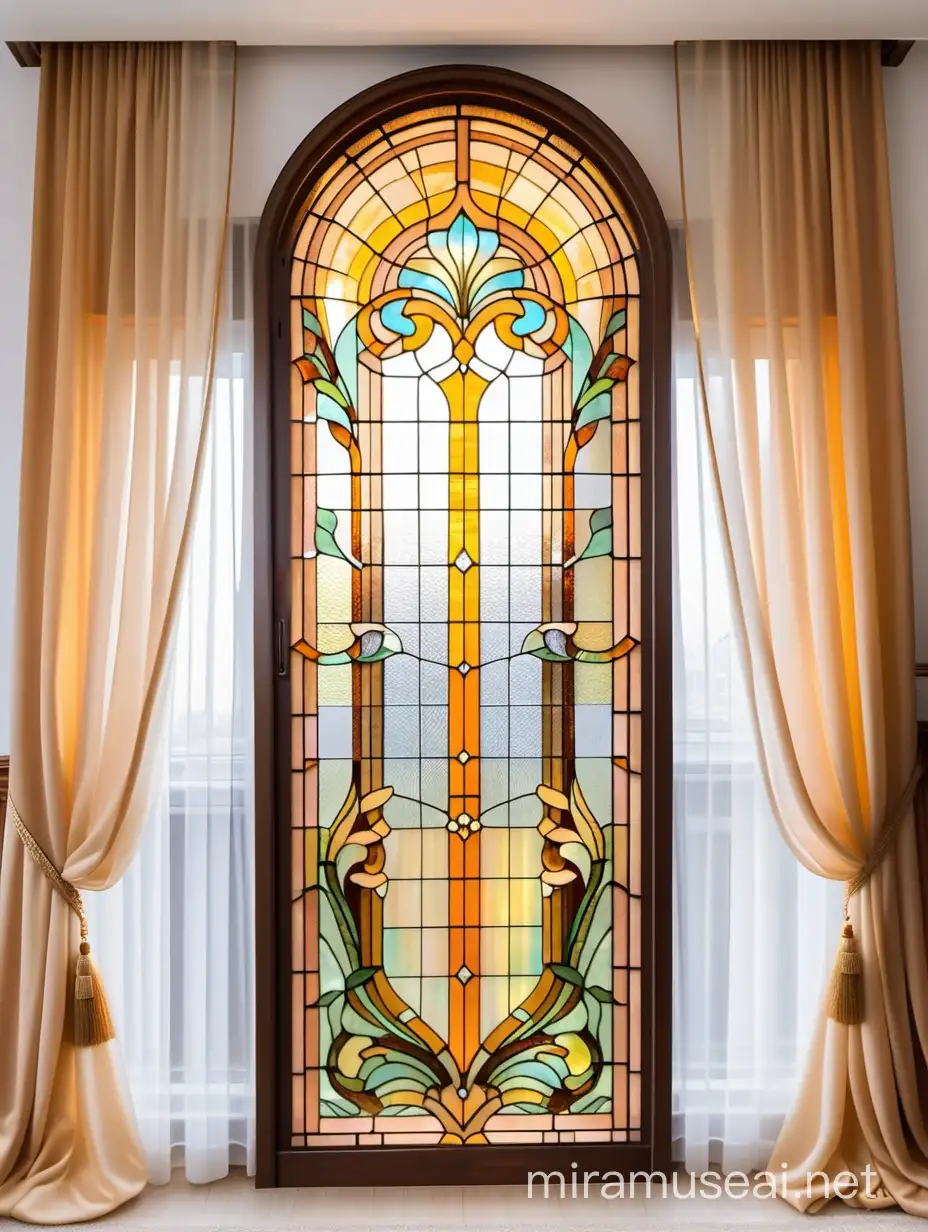 витражная ниша в стиле
ар нуво из желтого, и бежевого стекла тифани стоит на фоне штор из белой органзы
