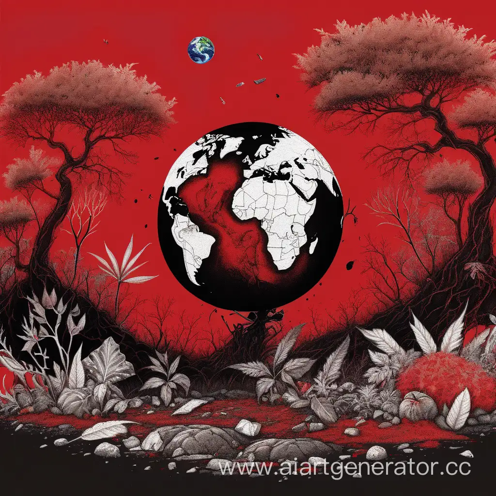 an art in style of hayao miyadzaki with red and black background, the planet earth suffers from poor ecology and dying plants, dirt and garbage are everywhere and nature is dying