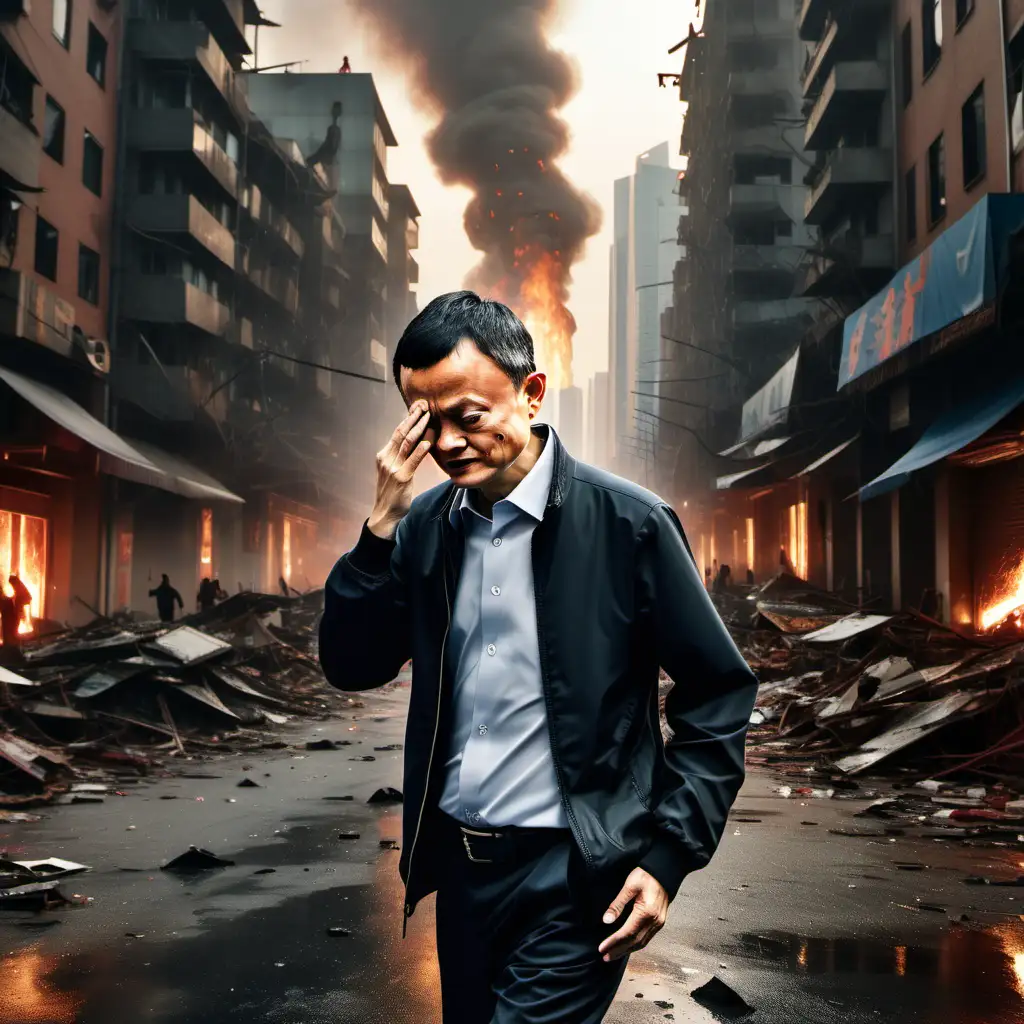 Jack Ma is walking away from the camera, holding his head with both hands, amidst a world in turmoil as it collapses and burns on a rainy urban evening. The cityscape in the background is settling into chaos, mirroring the tumultuous emotions reflected on his face. photorealistic