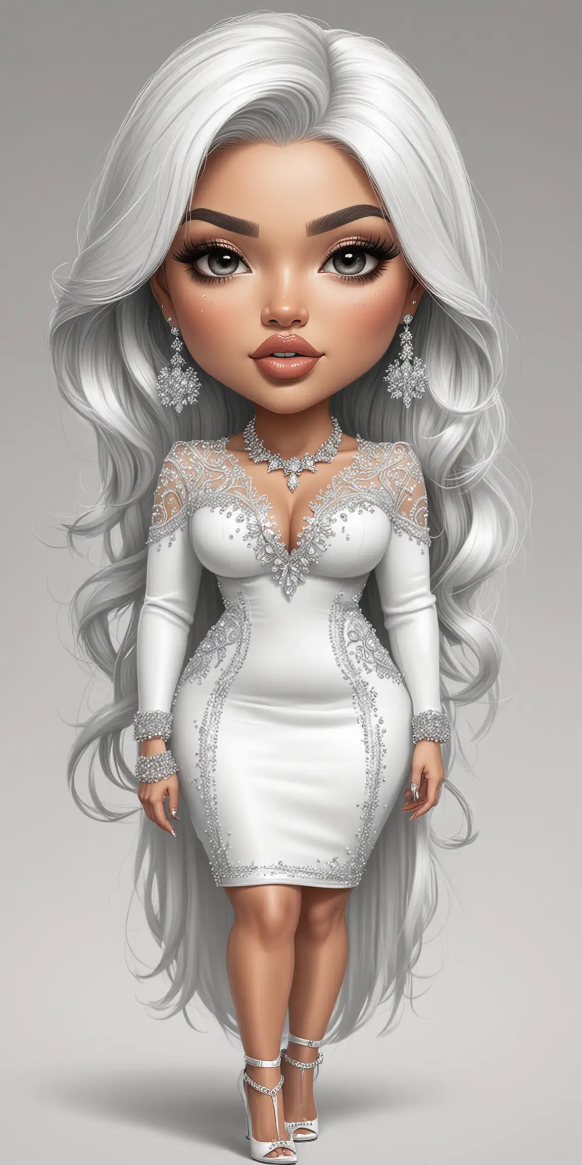 Pencil drawn illustration of a chibi white latina grown-up woman, plump lips, pouty lips, , her hair is white and very long, she wears a white beauty pageant outfit and high heels,, jewelry, jewelry in hair, glitter, white background , grayscale, black and white, there's jewelry in her hair, her lips are like Kylie Jenner 