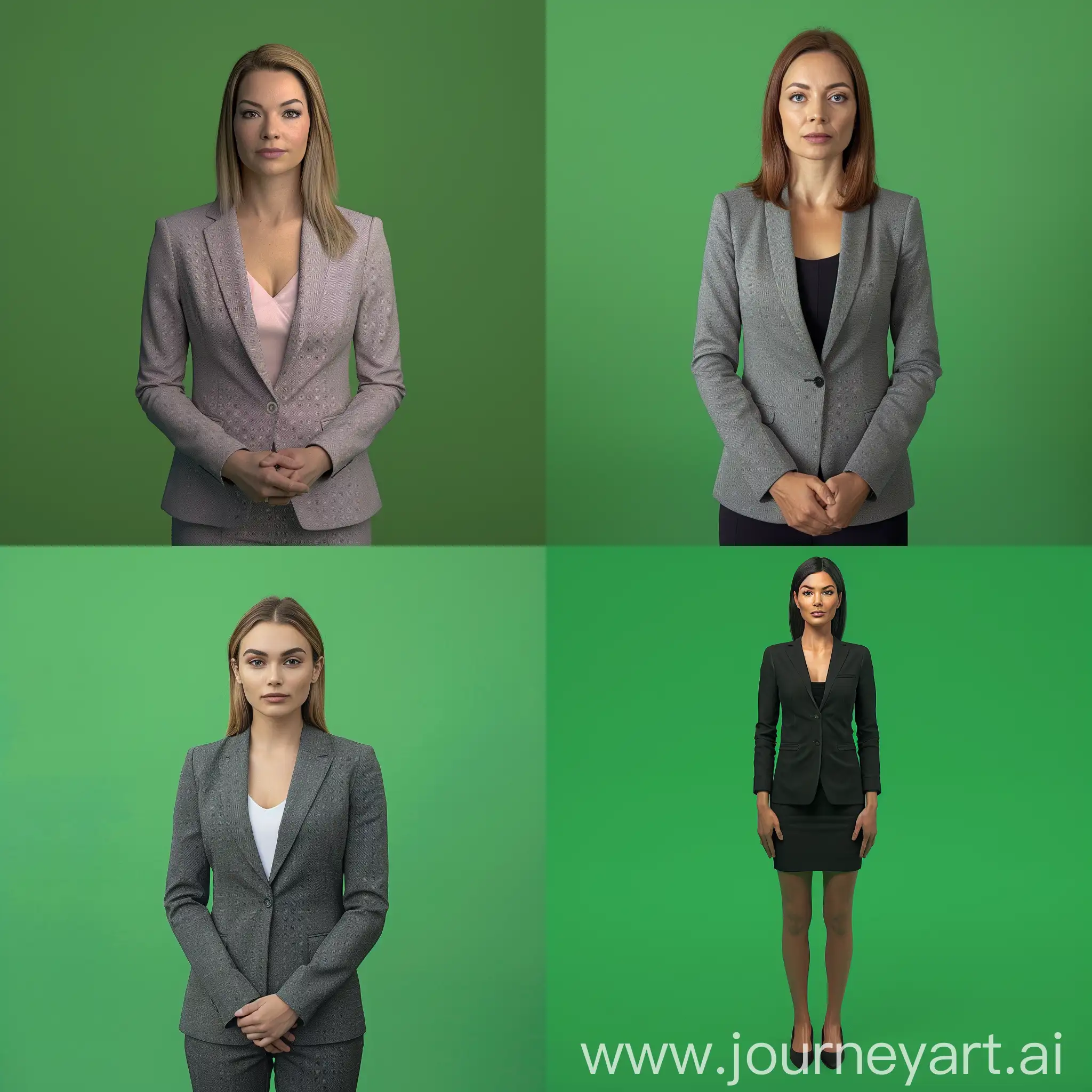 Produce a lifelike portrait of a formal female news presenter with appropriate clothing. The image should depict a presenter standing upright, still with no movement, showing their full body, with a natural expression ready to start telling the news in a rested and relaxed position. Utilize a high-quality, front-facing photograph with well-defined lighting (avoiding any shadows as the light is from the front). Ensure that the background is a solid chroma green color (0x00FF00) without any reflections or variations in hue. The presenter should have straight hair or neatly styled hair with minimal layers. Additionally, ensure that the presenter's hands are positioned naturally and comfortably, avoiding any awkward or unnatural poses.Produce a lifelike portrait of a formal female news presenter with appropriate clothing. The image should depict a presenter standing upright, still with no movement, showing their full body, with a natural expression ready to start telling the news in a rested and relaxed position. Utilize a high-quality, front-facing photograph with well-defined lighting (avoiding any shadows as the light is from the front). Ensure that the background is a solid chroma green color (0x00FF00) without any reflections or variations in hue. The presenter should have straight hair or neatly styled hair with minimal layers. Additionally, ensure that the presenter's hands are positioned naturally and comfortably, avoiding any awkward or unnatural poses.