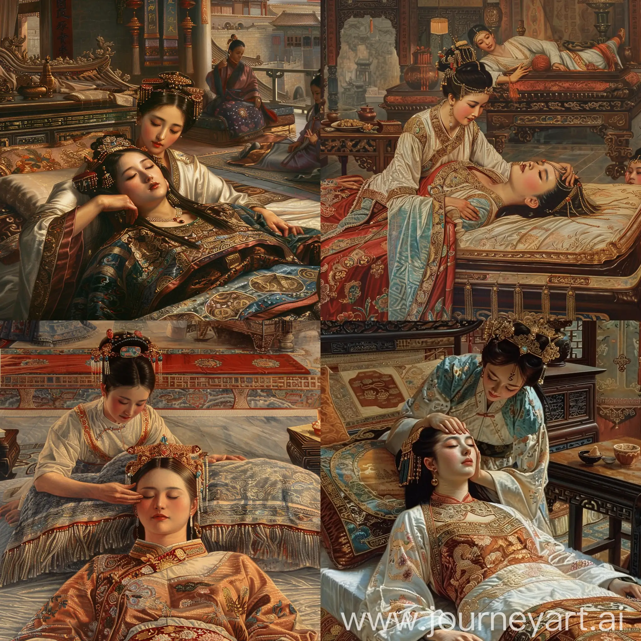 画侍女给奢侈的中国女皇按摩头部场景，女皇衣着世界上最豪华的衣服。平躺在华丽的床上。一个侍女在替她按摩头。古代，细节丰富，全景图，富丽堂皇，彩色