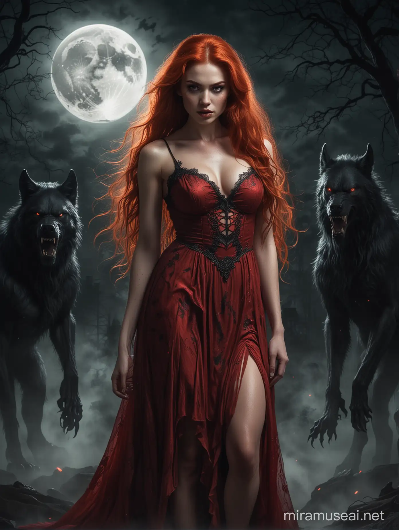 Two beautiful red hair ladies in a glowing bloody red dress, with a mighty black creepy werewolf standing fierce behind her in the dark night, and a glowing moon with a goddess face shining inside it.