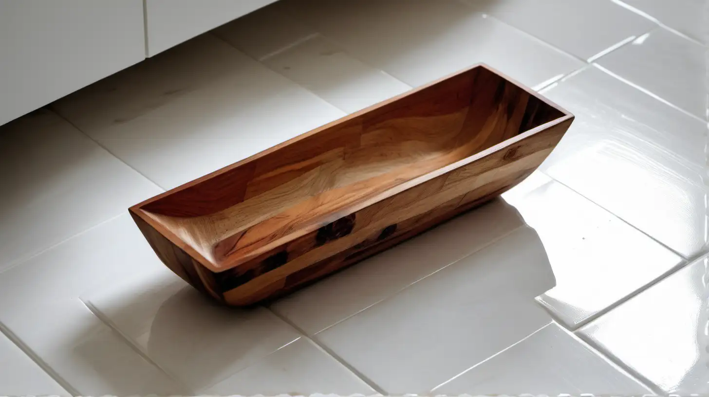 wood rectangular bowl on white tile floor




